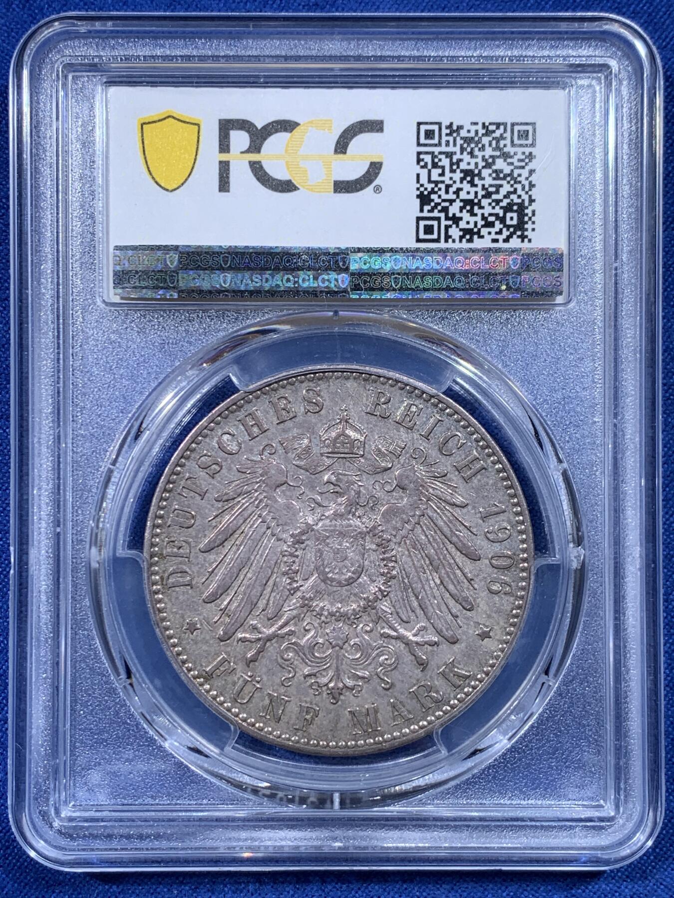 《竞宝斋》第444场 周日，周一，2场连拍 （全场包邮） PCGS MS64 德国1906J 不莱美5马克 银币 双面原味淡灰包浆 整体状态极优