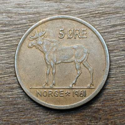 【铜匠收藏】★第135场★散币场，不寄存！！无佣金，30包邮。不满30元，支付5元运费。《接受代拍 代送NGC评级》 - 1961年 挪威 5欧尔 铜币 麋鹿