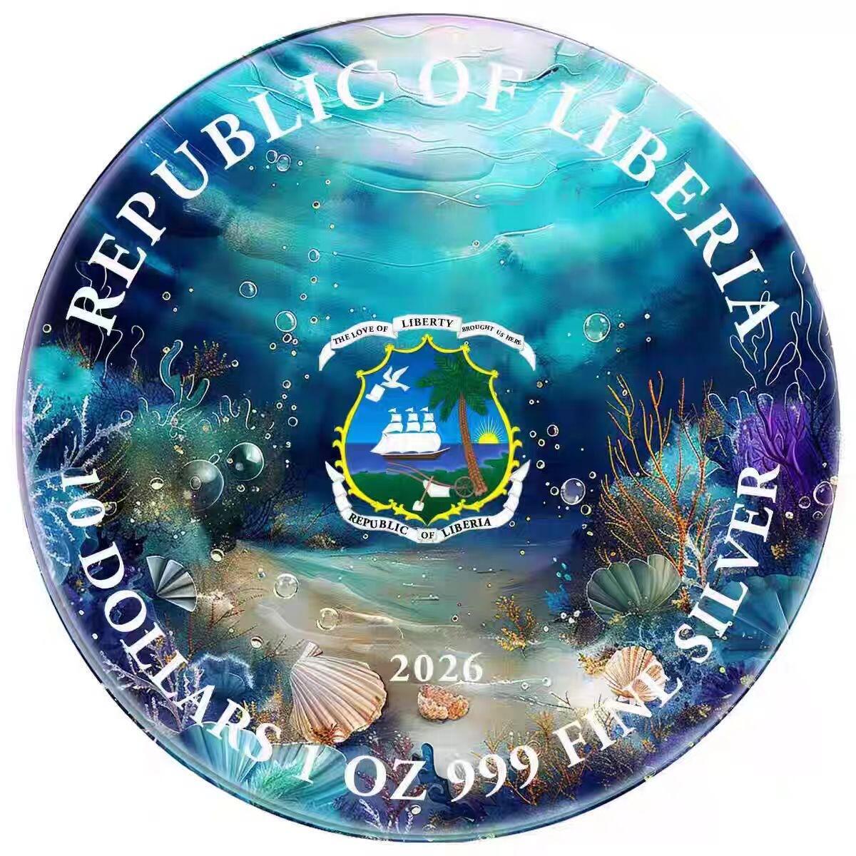 ❤️【币观天下】❤️ 第333期钱币拍卖- 2025.12.5周五晚上6点半场-长期征集拍品 利比里亚2026年海底世界美人鱼1盎司120毫米超薄工艺大尺寸彩色幻彩银币