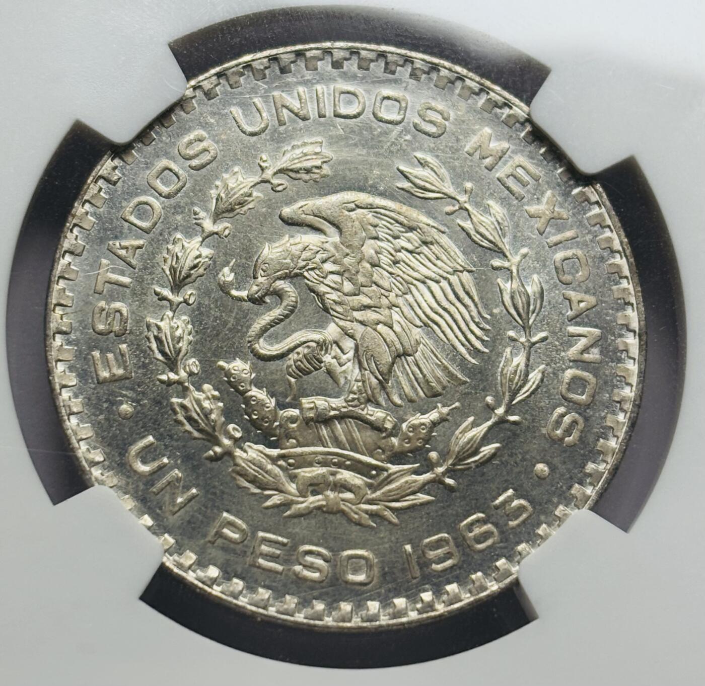 文馨钱币收藏第 283 场，【大雪鉴珍，寒英缀金】金银纪念币精品场，诚邀您的参与【长期接代拍品】 1963 年墨西哥 1 比索大银币 NGC 评级 MS64 分