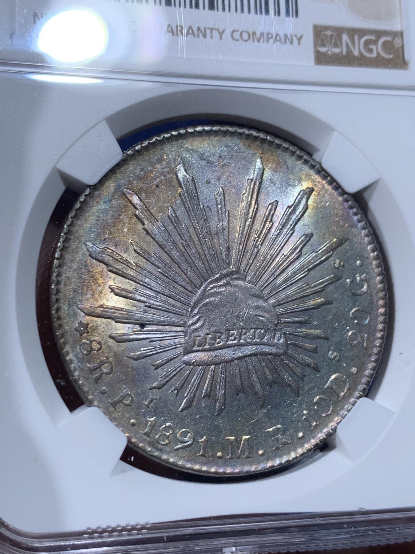 《竞宝斋》第444场 周日，周一，2场连拍 （全场包邮） NGC UNCD 墨西哥 1891年 花边鹰洋 8里亚尔大银币 状态不错