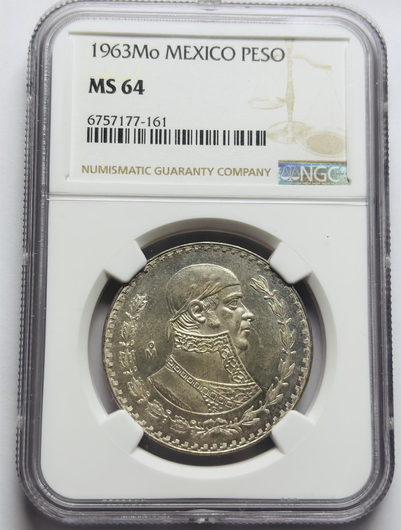 文馨钱币收藏第 283 场，【大雪鉴珍，寒英缀金】金银纪念币精品场，诚邀您的参与【长期接代拍品】 1963 年墨西哥 1 比索大银币 NGC 评级 MS64 分