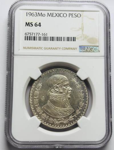 文馨钱币收藏第 283 场，【大雪鉴珍，寒英缀金】金银纪念币精品场，诚邀您的参与【长期接代拍品】 - 1963 年墨西哥 1 比索大银币 NGC 评级 MS64 分