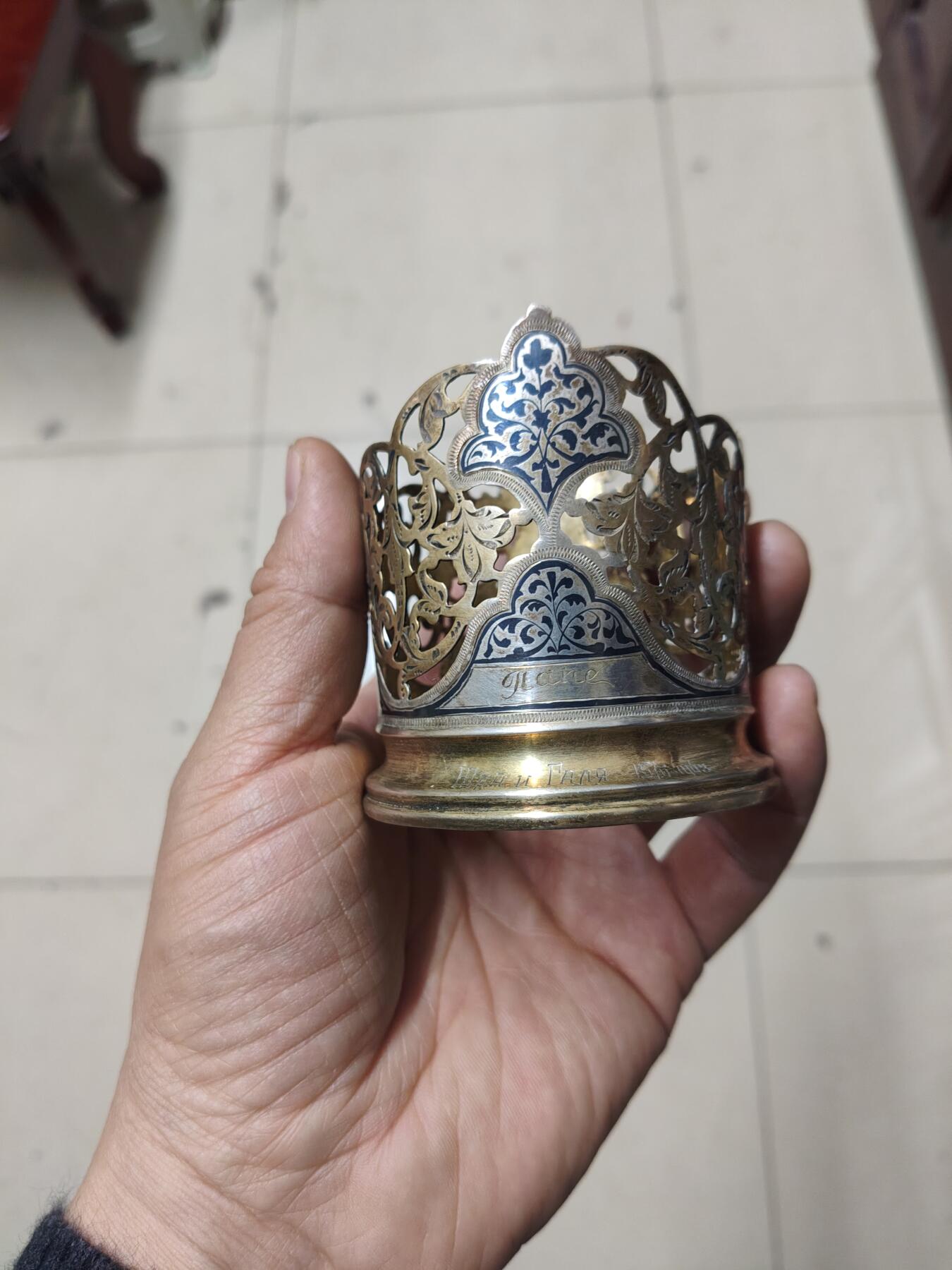 老银件 苏联乌银镶嵌老银制杯托