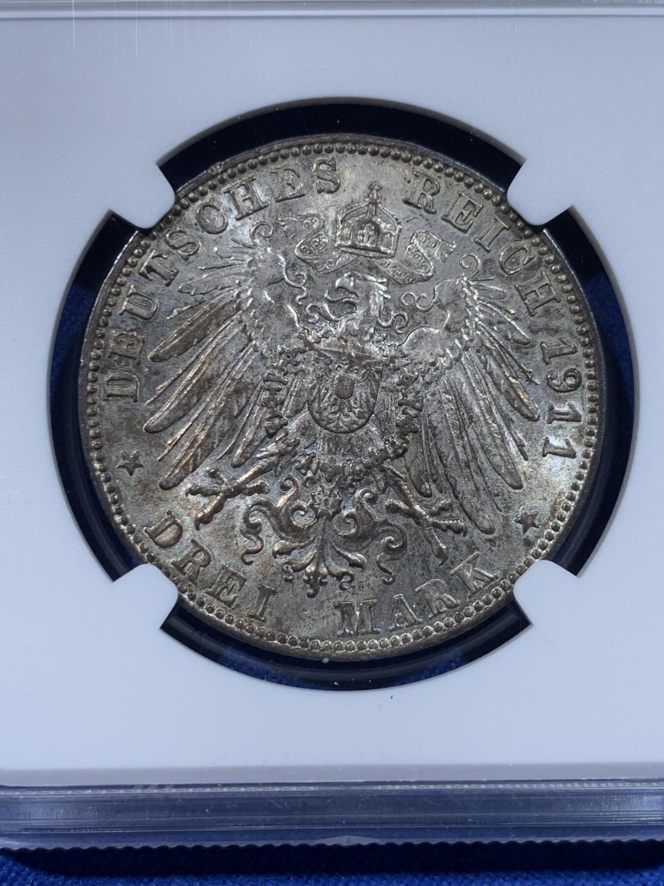 《竞宝斋》第444场 周日，周一，2场连拍 （全场包邮） NGC MS62 德国 1911年 巴伐利亚柳特波德3马克银币