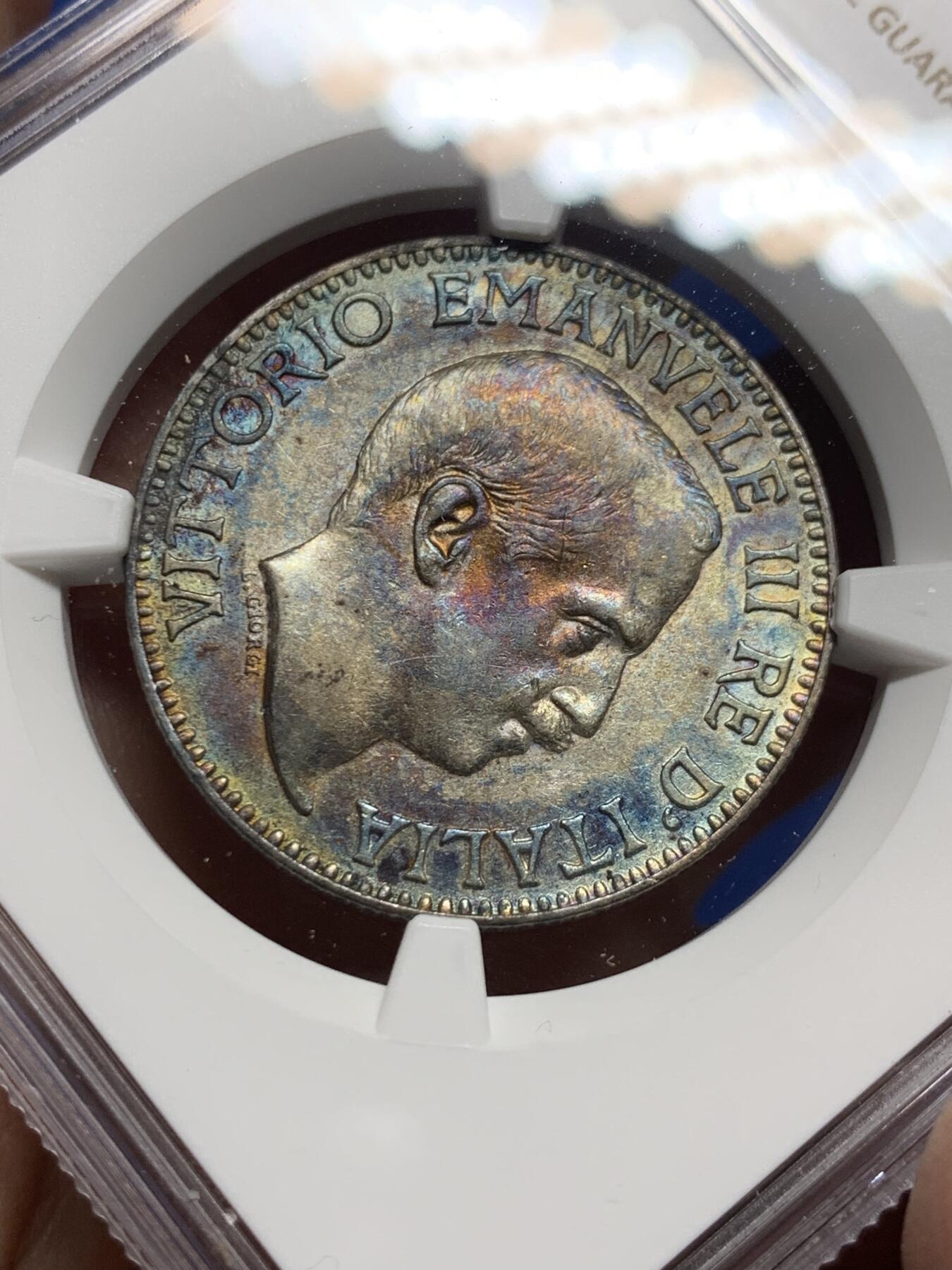 《竞宝斋》第444场 周日，周一，2场连拍 （全场包邮） NGC AUD 意属索马里1912年1卢比银币 蓝五彩包浆