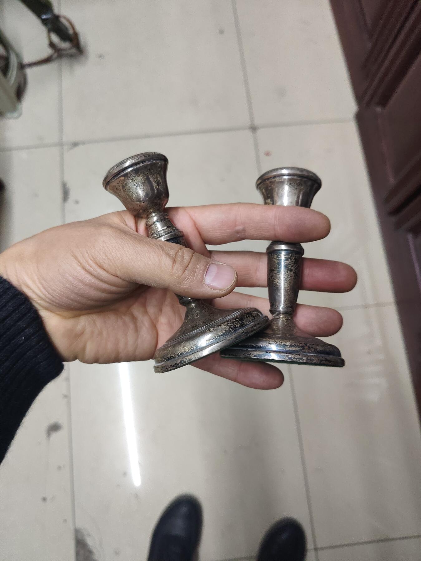 老银件 英国老银制烛台一对