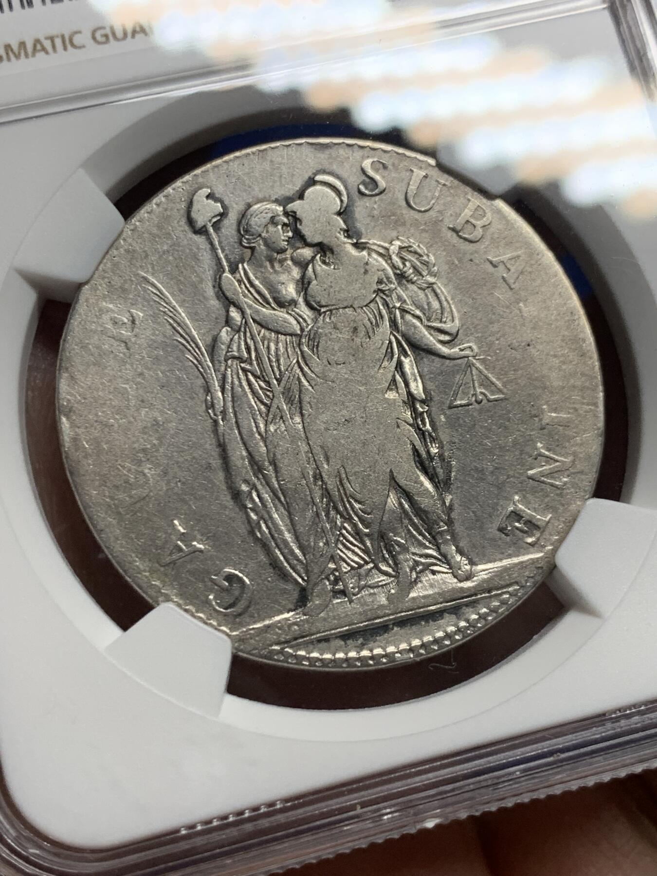 《竞宝斋》第444场 周日，周一，2场连拍 （全场包邮） NGC FD 意大利皮埃蒙特共和国（阿尔卑斯共和国） 共和9年（1800年）5法郎银币 拿破仑1799年在北意大利建立的国家 细节不错 感觉可以冲VF 这枚只发行两个年份 1800铸造量仅46740枚 发行量几乎是1801年的1/3不到 稀缺品种