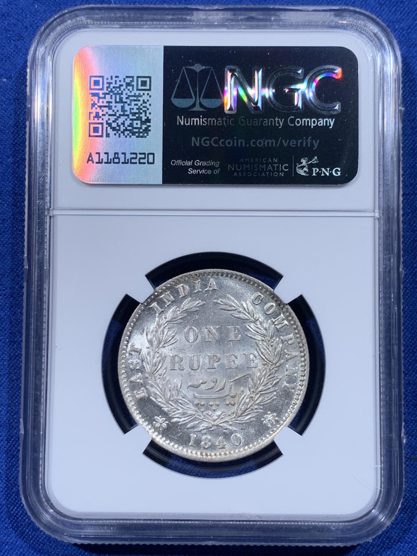 《竞宝斋》第444场 周日，周一，2场连拍 （全场包邮） NGC MS62 英属印度 1840年 1卢比 银币 少见卷拆高分好品 经典品种