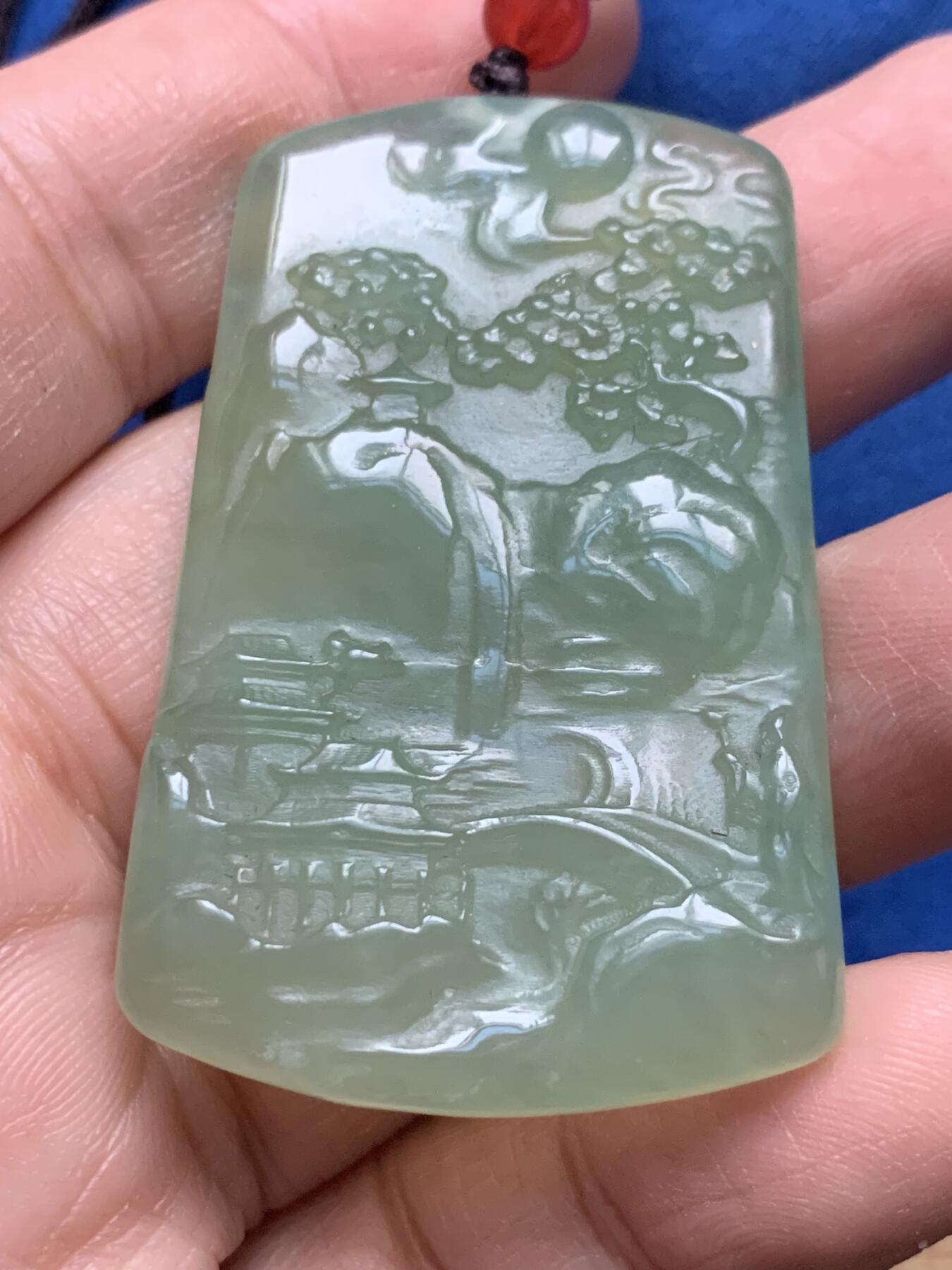 《竞宝斋》第444场 周日，周一，2场连拍 （全场包邮） 玉质山水牌一对，基本尺寸约51MM*30MM，总重约43.2克，透明度高