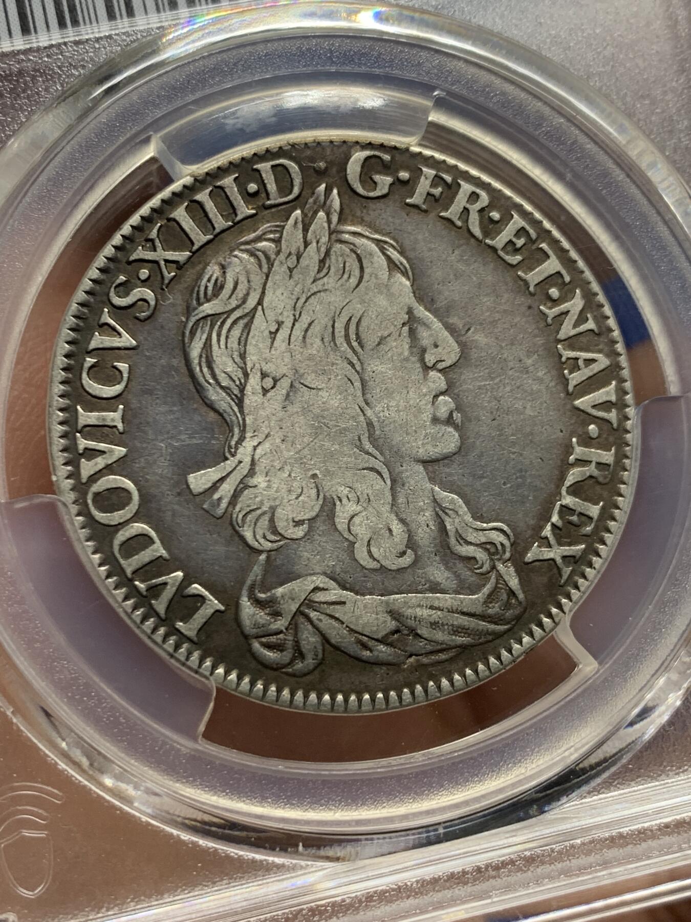 《竞宝斋》第444场 周日，周一，2场连拍 （全场包邮） PCGS VF20 法国 路易十三 1642年-A 1/2埃居银币 路易十三的银币价格要比其子路易十四昂贵得多 这枚克书价高 大珍品种