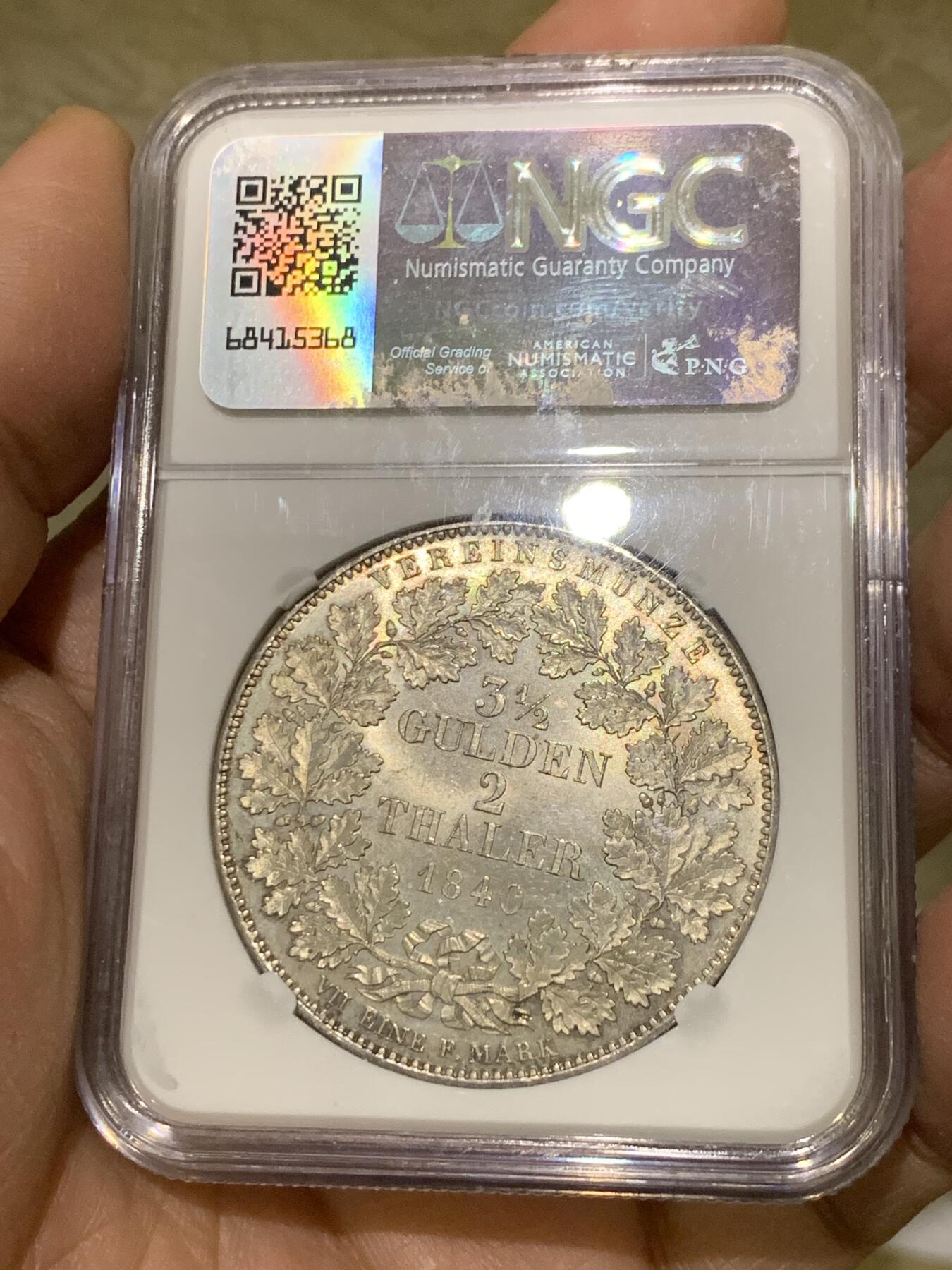 《竞宝斋》第444场 周日，周一，2场连拍 （全场包邮） NGC MS63 德国 1840年 巴伐利亚 路德维希一世 2泰勒 大银币 37克大规格 转光细节都极好 更高分只有3枚