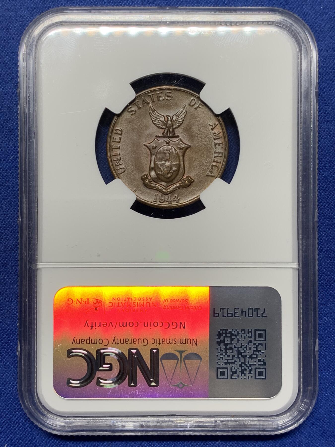 《竞宝斋》第444场 周日，周一，2场连拍 （全场包邮） NGC MS62BN 菲律宾 1944年 1分 铜币 红光俱在