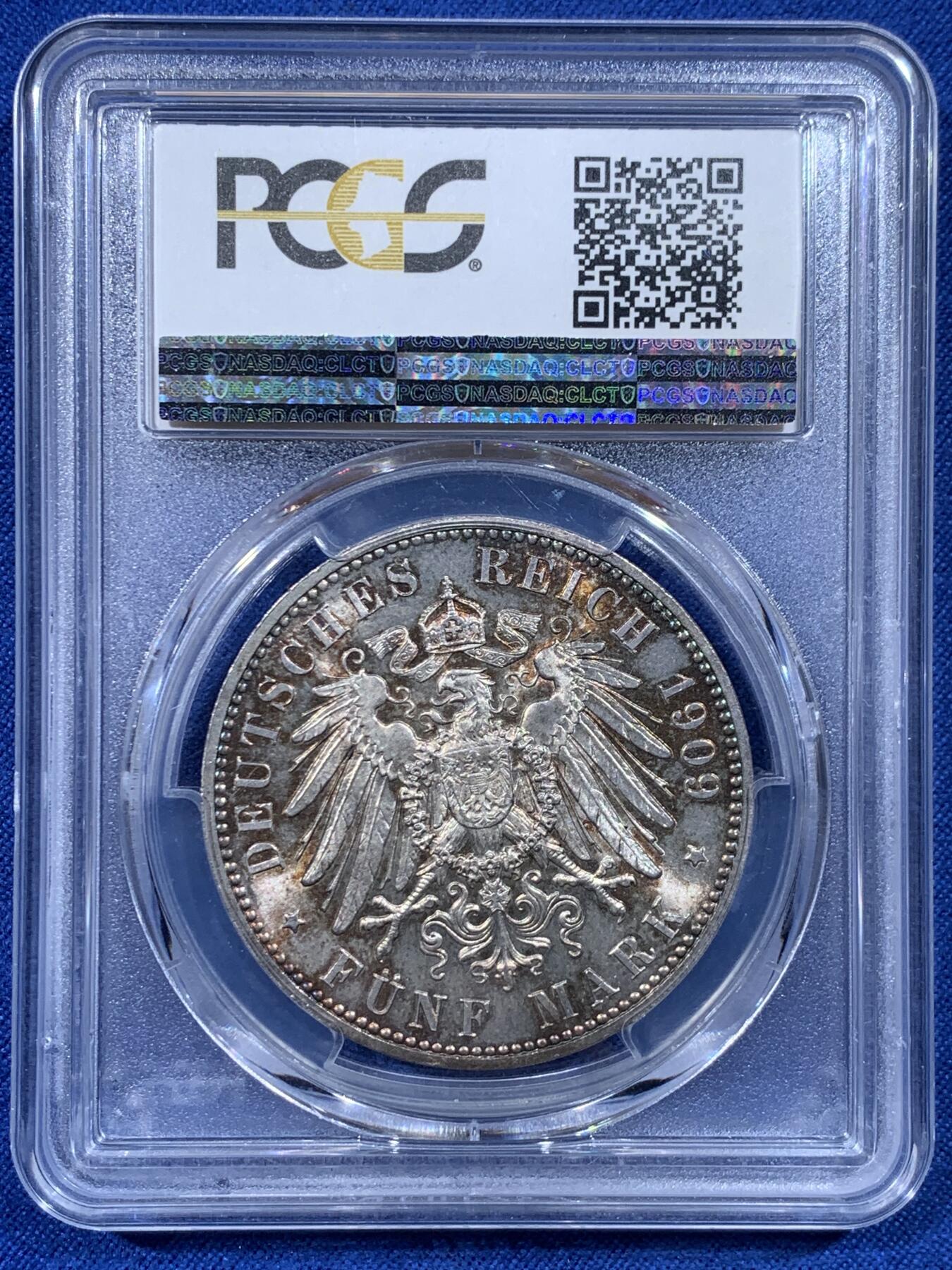 《竞宝斋》第444场 周日，周一，2场连拍 （全场包邮） PCGS MS66 德国1909年萨克森莱比锡大学创校500周年纪念流通5马克 金闪闪的包浆裹身 顶级收藏选择