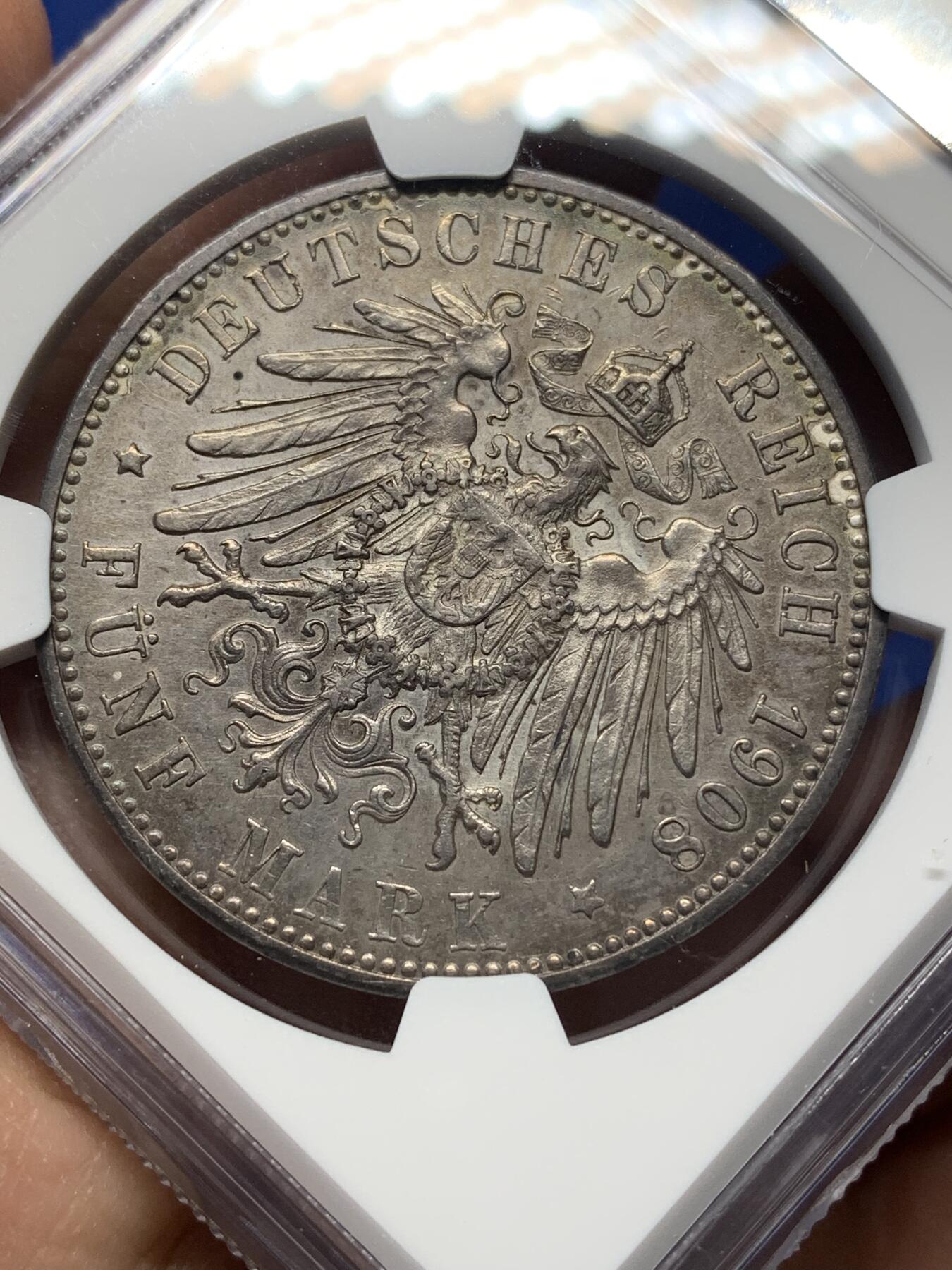 《竞宝斋》第444场 周日，周一，2场连拍 （全场包邮） NGC AUD 德国 1908F 符腾堡威廉二世5马克大银币 双面深包浆