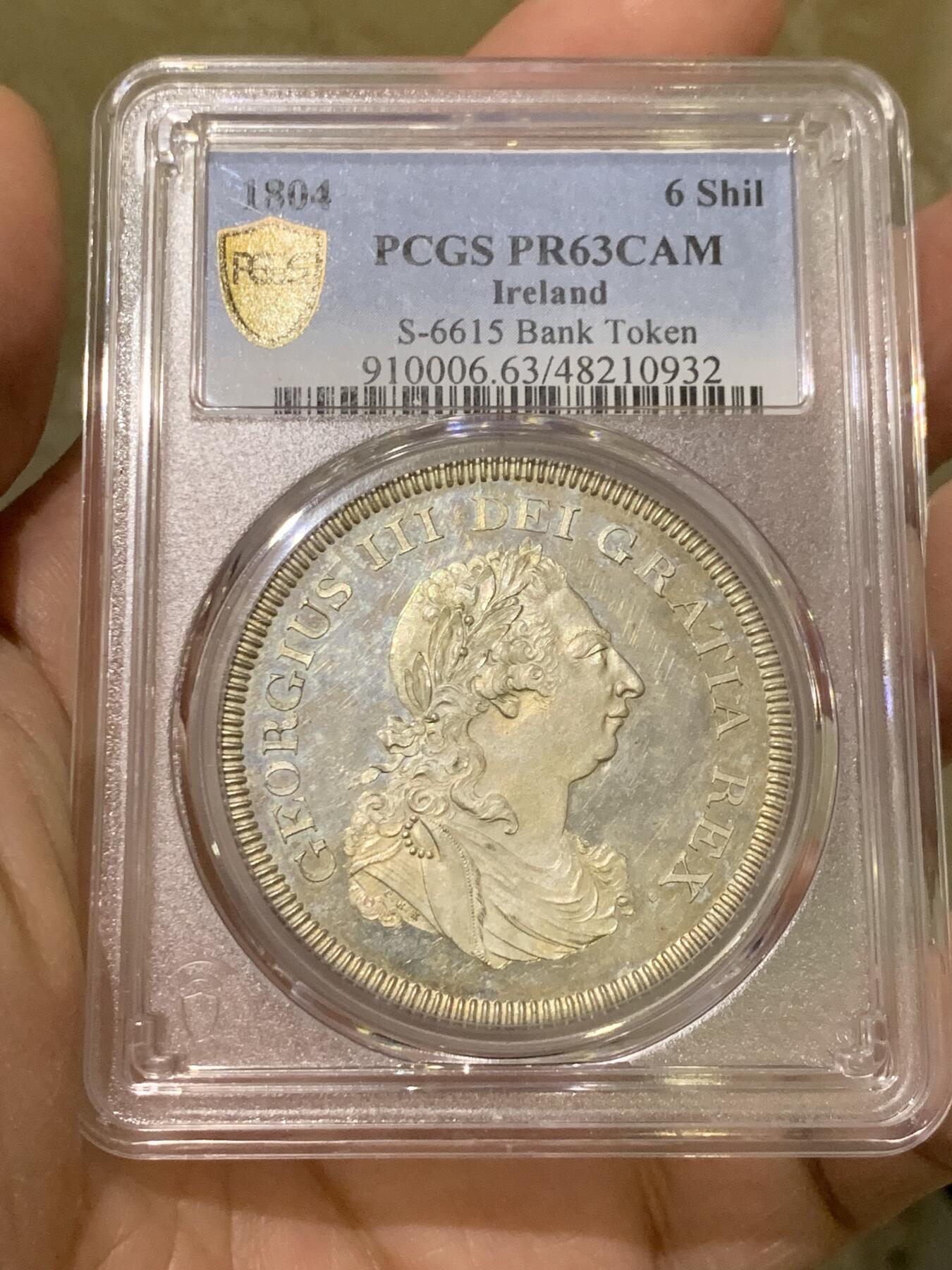 《竞宝斋》第444场 周日，周一，2场连拍 （全场包邮） PCGS PR63CAM 爱尔兰银行1804年乔治三世6先令银币，Cameo镜面底板美不胜收。