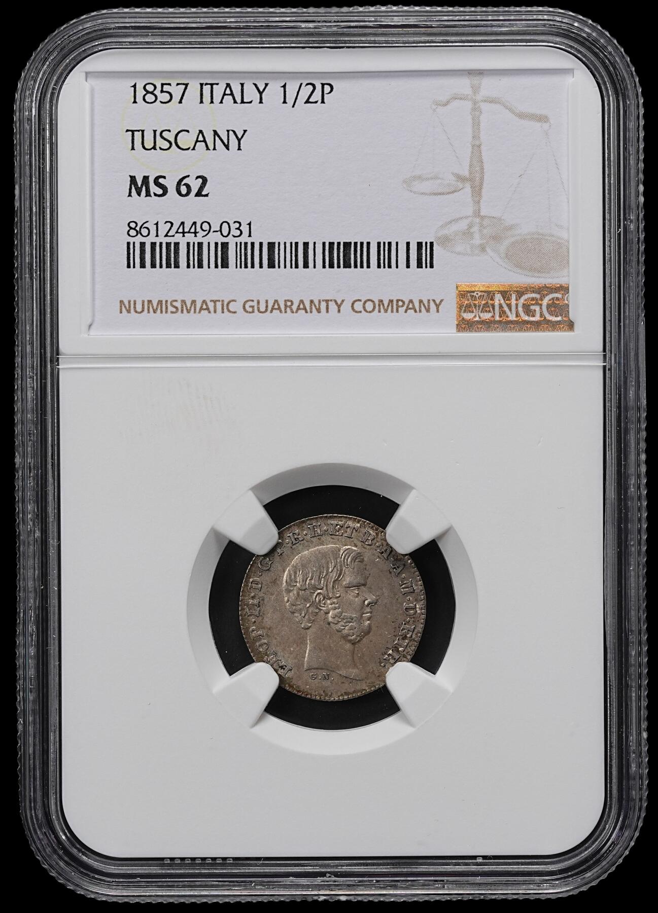 修遠堂世界钱币第九十六期 NGC MS62 1857年托斯卡纳1/2 PAOLO银币