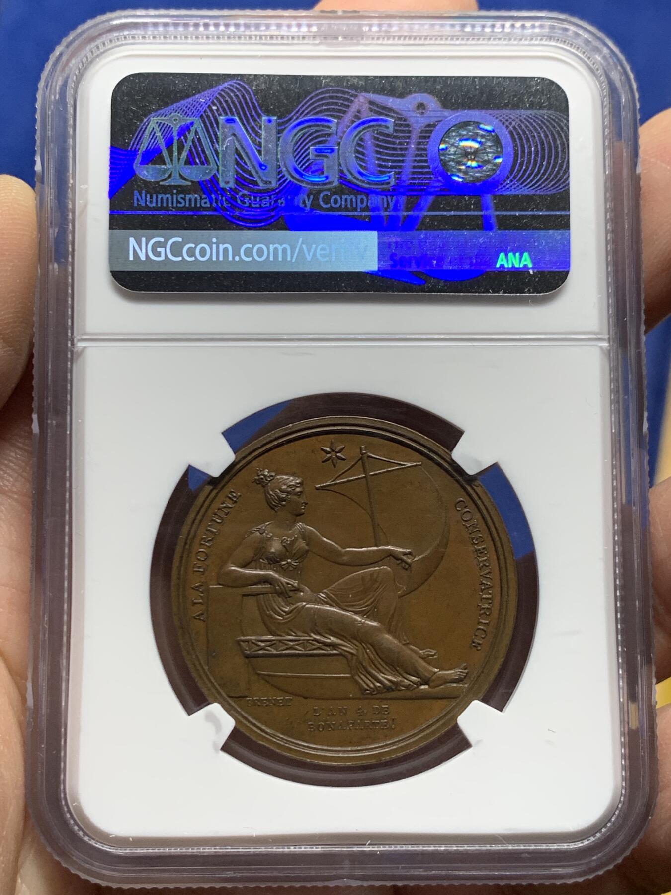 《竞宝斋》第444场 周日，周一，2场连拍 （全场包邮） NGC MS63BN 1803年拿破仑被刺杀失败纪念铜章，高分，非常稀少的品种