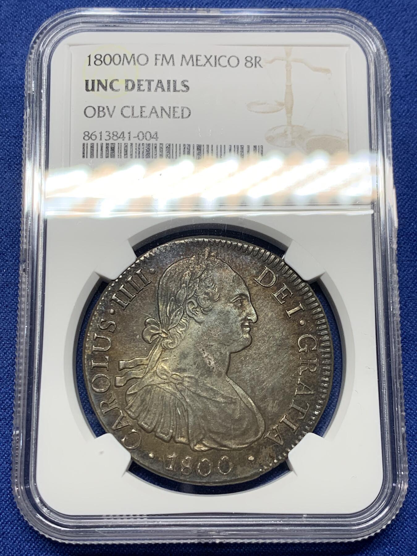 《竞宝斋》第444场 周日，周一，2场连拍 （全场包邮） NGC UNCD 墨西哥 1800年 卡洛斯四世 8里亚尔大银币 酱彩老包浆 币面压力十足 全深打 细节好