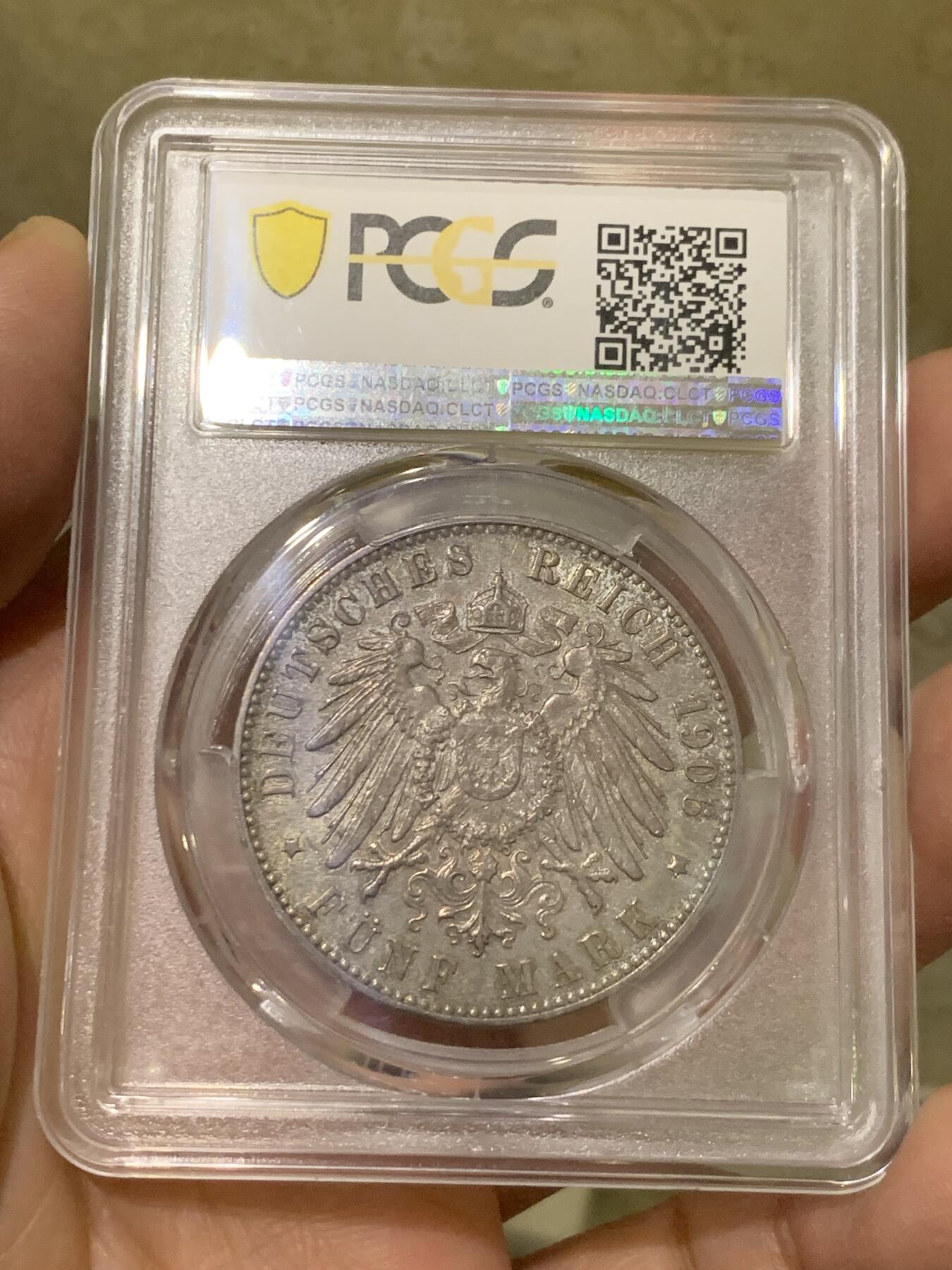 《竞宝斋》第444场 周日，周一，2场连拍 （全场包邮） PCGS MS64 德国1906J 不莱美5马克 银币 双面原味淡灰包浆 整体状态极优