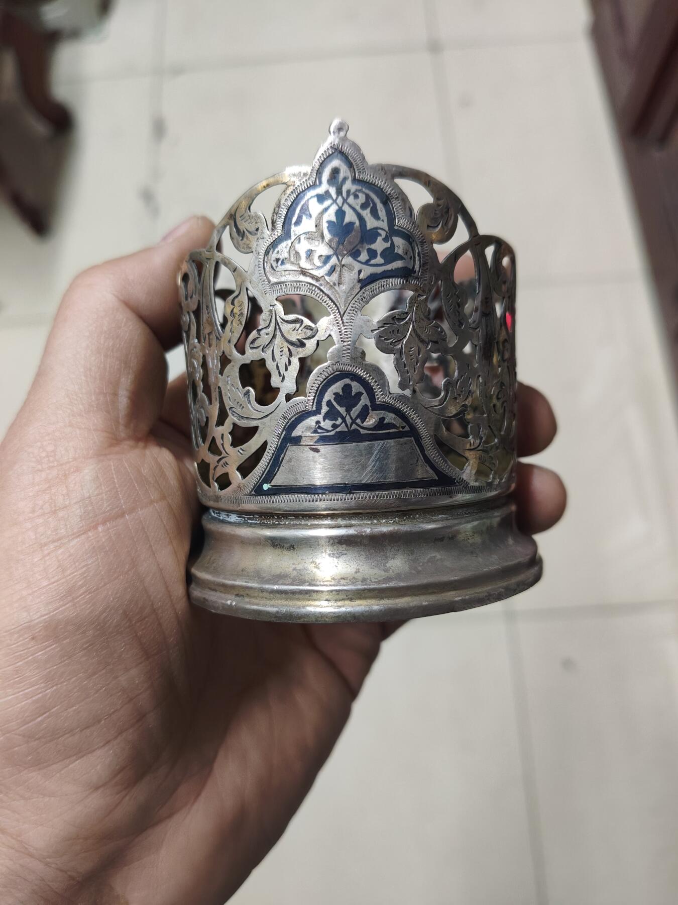 老银件 苏联乌银镶嵌老银制杯托5