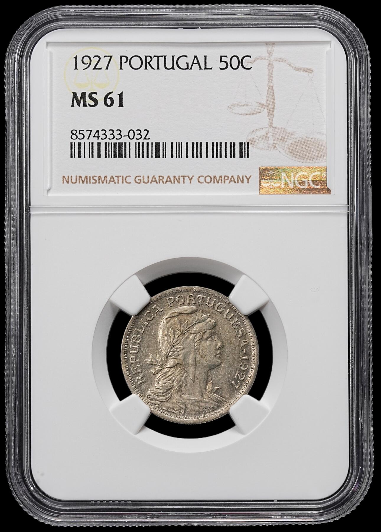 修遠堂世界钱币第九十六期 NGC MS61 1927年葡萄牙50分 该图案首年份 MS少见