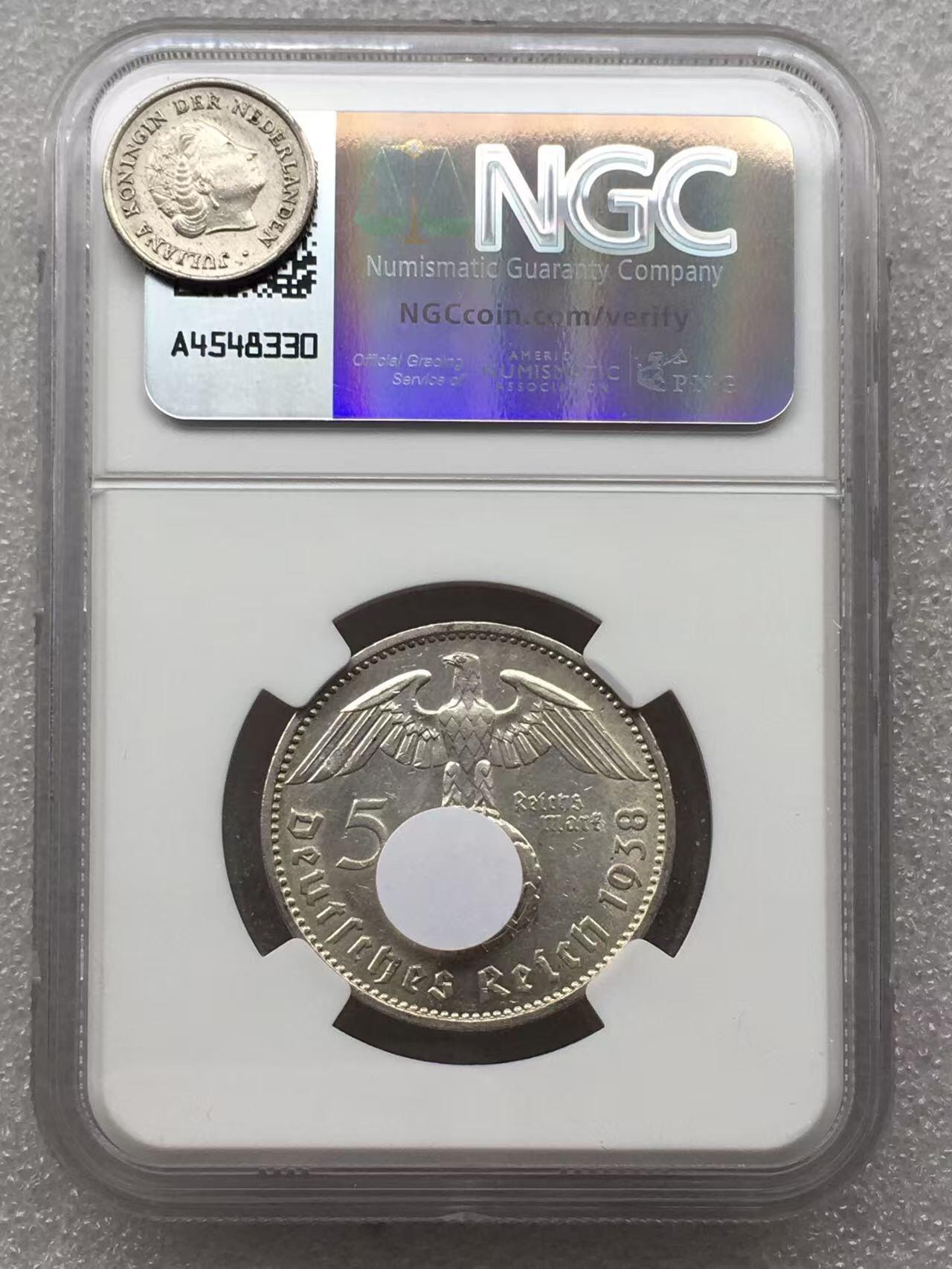世界钱币专场拍卖 每周二开拍 NGC UNC 1938年F版德国兴趣登堡万字5马克银币