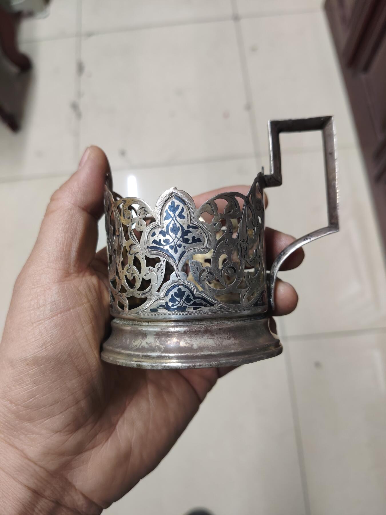 老银件 苏联乌银镶嵌老银制杯托5