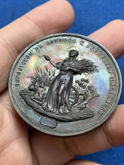 《竞宝斋》第444场 周日，周一，2场连拍 （全场包邮） - 西班牙十九世纪 吉普斯夸省畜牧与农产品博览会纪念铜章 51.25克 47mm 带原盒 双面超高浮雕 好品