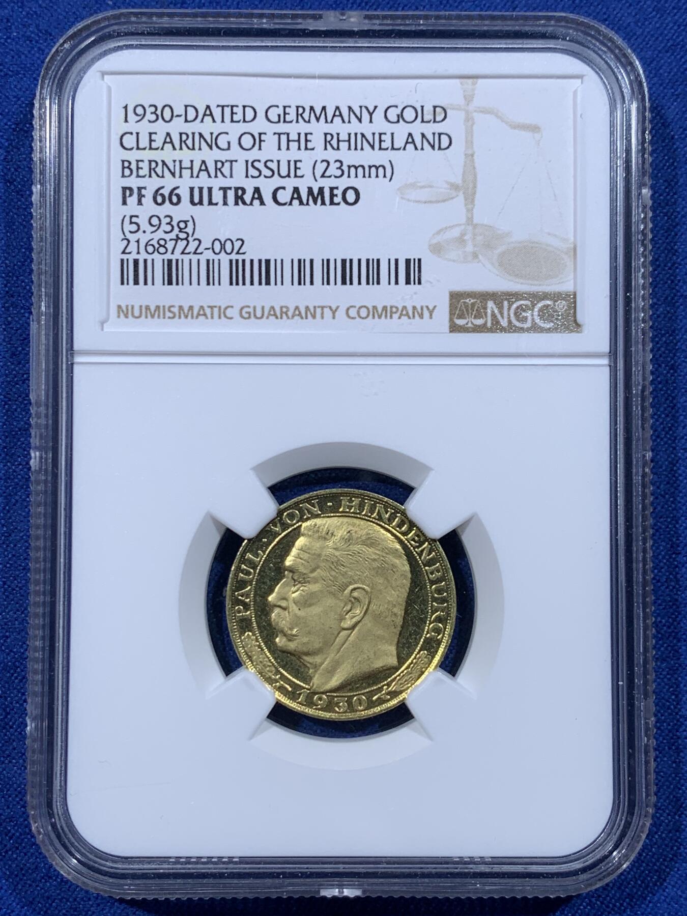 《竞宝斋》第444场 周日，周一，2场连拍 （全场包邮） NGC PF66UC 1930年德国魏玛共和国总统兴登堡纪念提前收复莱茵兰非军事区纪念金章 全精致深度镜面顶级品相 伯恩哈特设计