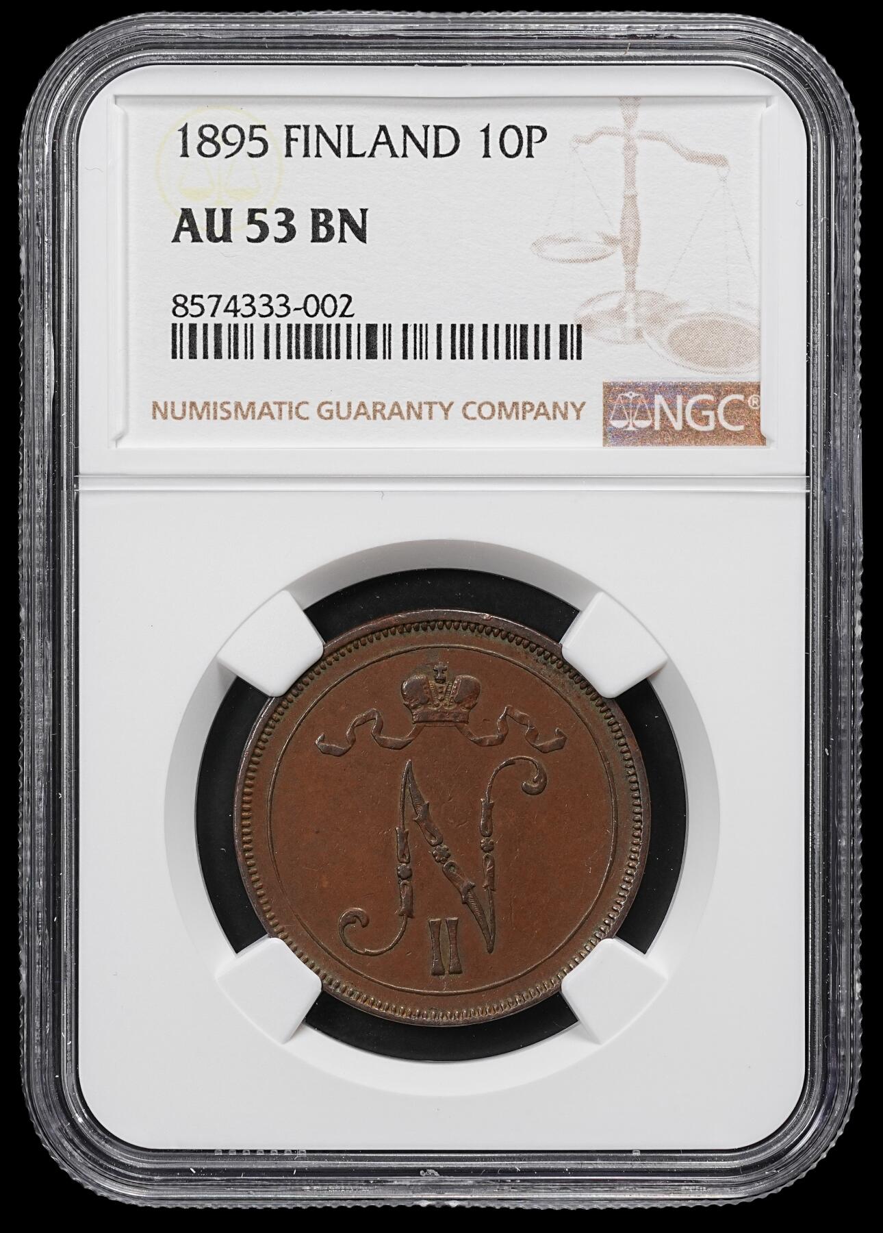 修遠堂世界钱币第九十六期 NGC AU53BN 1895年芬兰10盆尼铜币 少见的年份