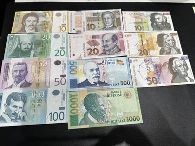 《外钞收藏家》第五百九十期（欧洲强钞、港币、硬通货及丰富裸币大拍场）（本平台长期征集拍品、欢迎藏友们联系合作） - 塞尔维亚（有轻微潮）、克罗地亚、斯洛文尼亚、阿尔巴尼亚 11张一起 全新UNC 每个国家都是尾1同