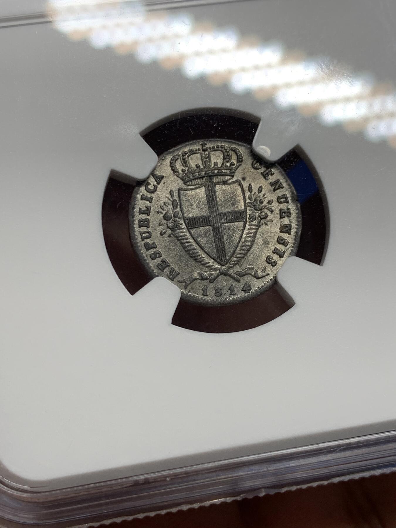 《竞宝斋》第444场 周日，周一，2场连拍 （全场包邮） NGC MS63 意大利热那亚 1814年 2索尔银币 正面圣母图案 背面热那亚徽章 细节极美包浆好 稀缺品种