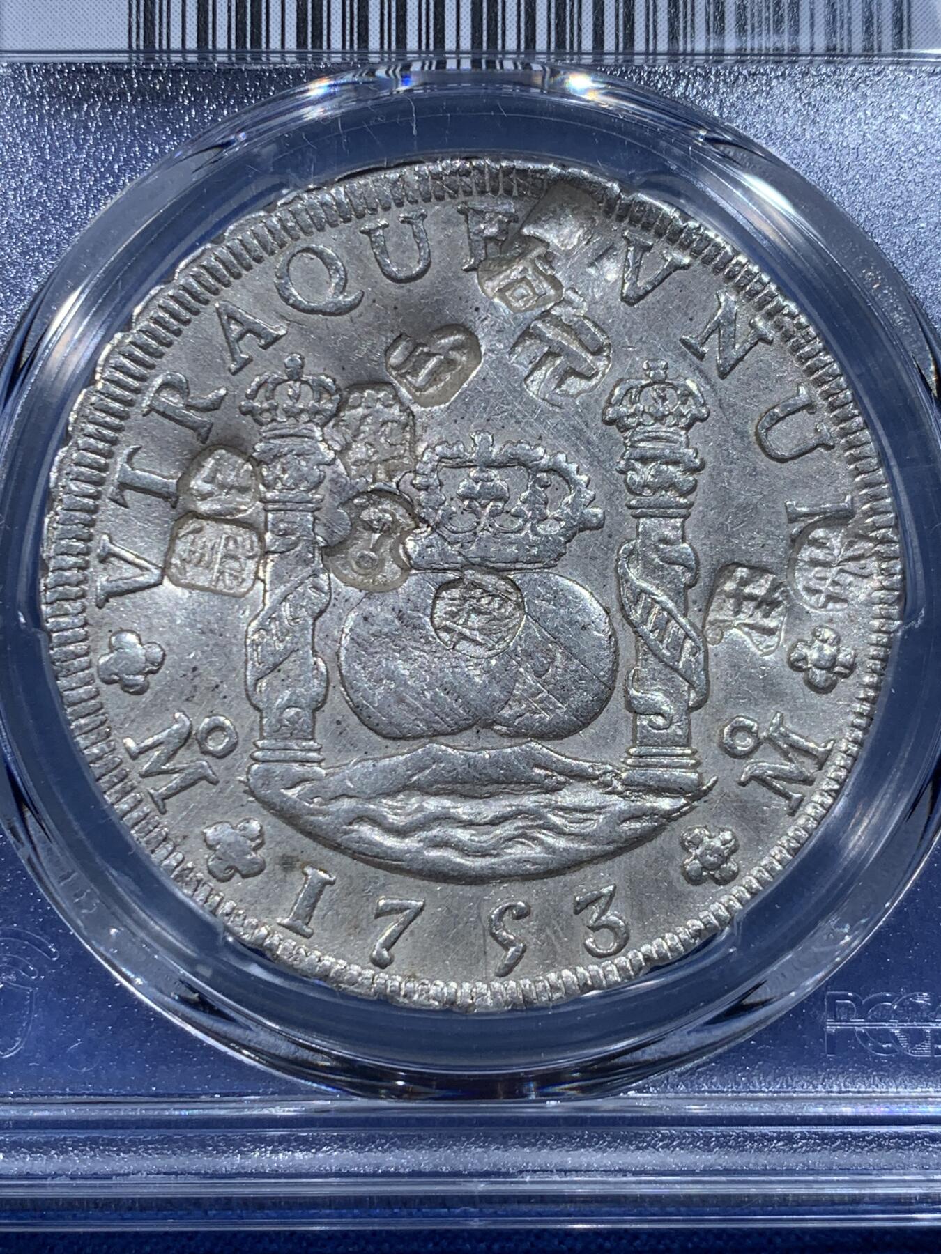《竞宝斋》第444场 周日，周一，2场连拍 （全场包邮） PCGS AUD 1753年西属墨西哥地球双柱银币  早期年份，在华流通的中文戳记大热门，底板和细节都很好