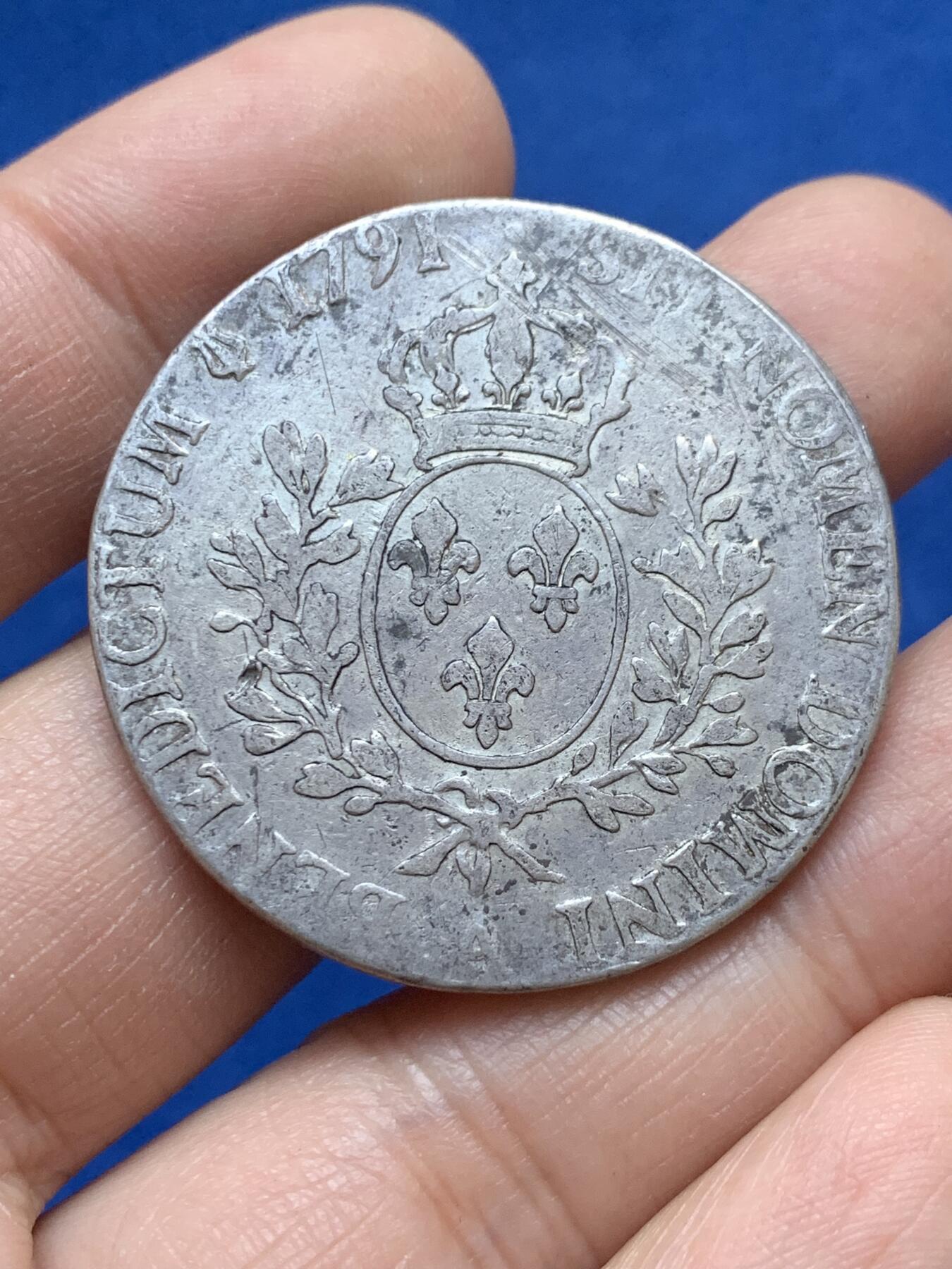 《竞宝斋》第444场 周日，周一，2场连拍 （全场包邮） 法国1791年路易十六1埃居大银币 细节见图