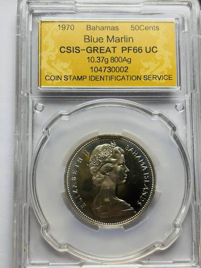 文馨钱币收藏第 283 场，【大雪鉴珍，寒英缀金】金银纪念币精品场，诚邀您的参与【长期接代拍品】 - 1970 年英属巴哈马 50 分精制银币 CSIS 评级 PF66 分