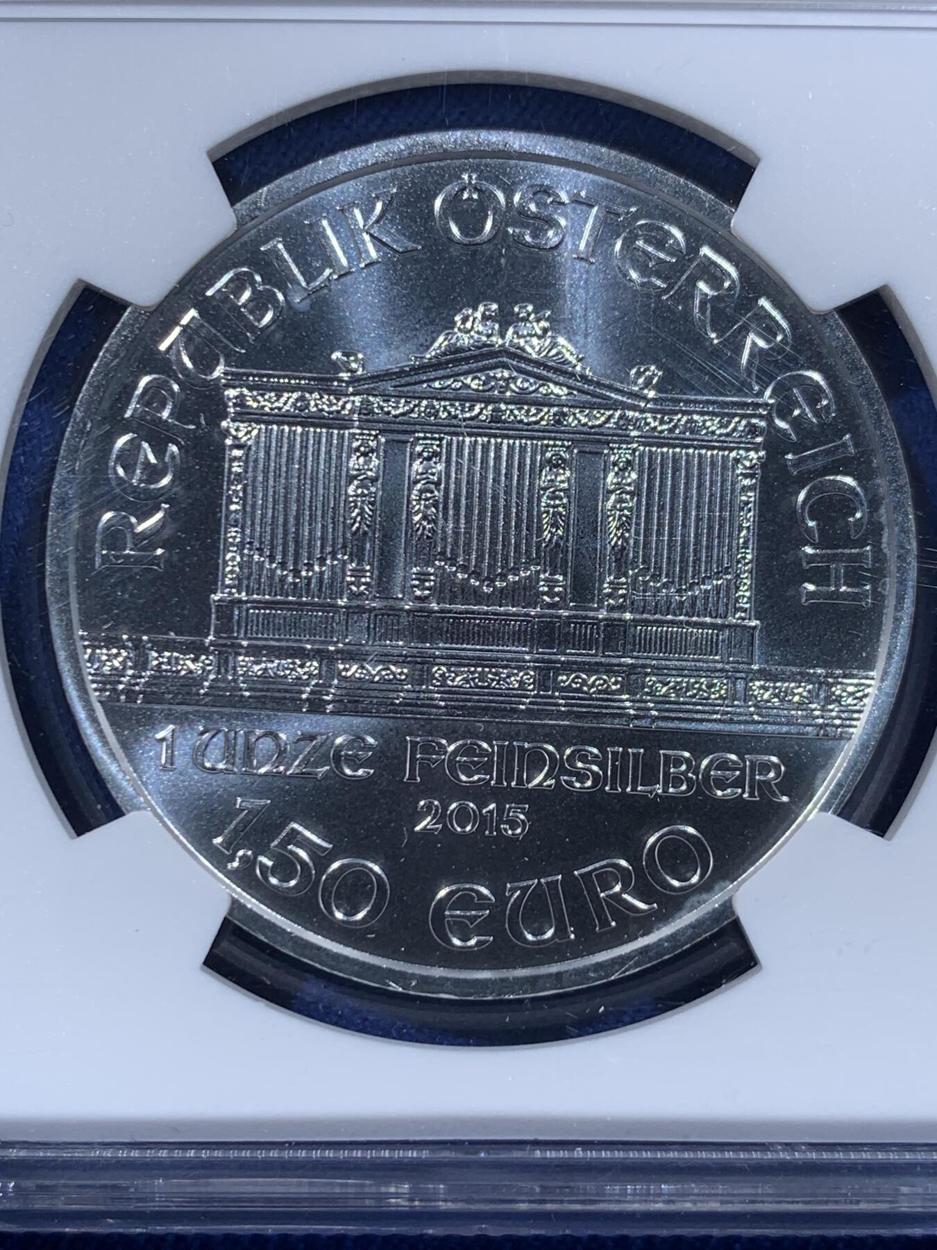 《竞宝斋》第444场 周日，周一，2场连拍 （全场包邮） NGC MS69 奥地利2015年1.5欧元乐器1盎司大银币