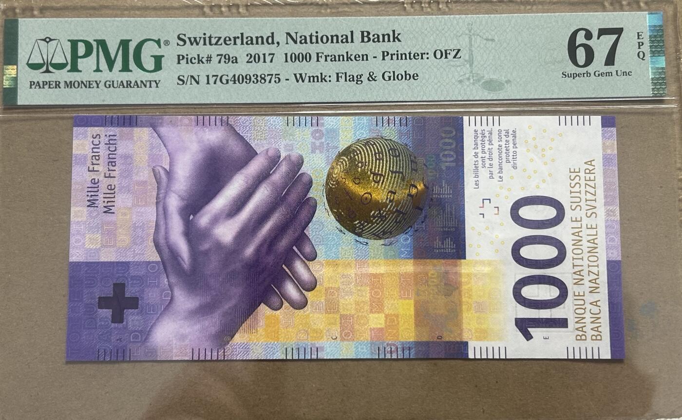 【礼羽收藏】🌏世界钱币拍卖第114期 2017版瑞士法郎1000元，PMG评级高分67EPQ乱蛇号码