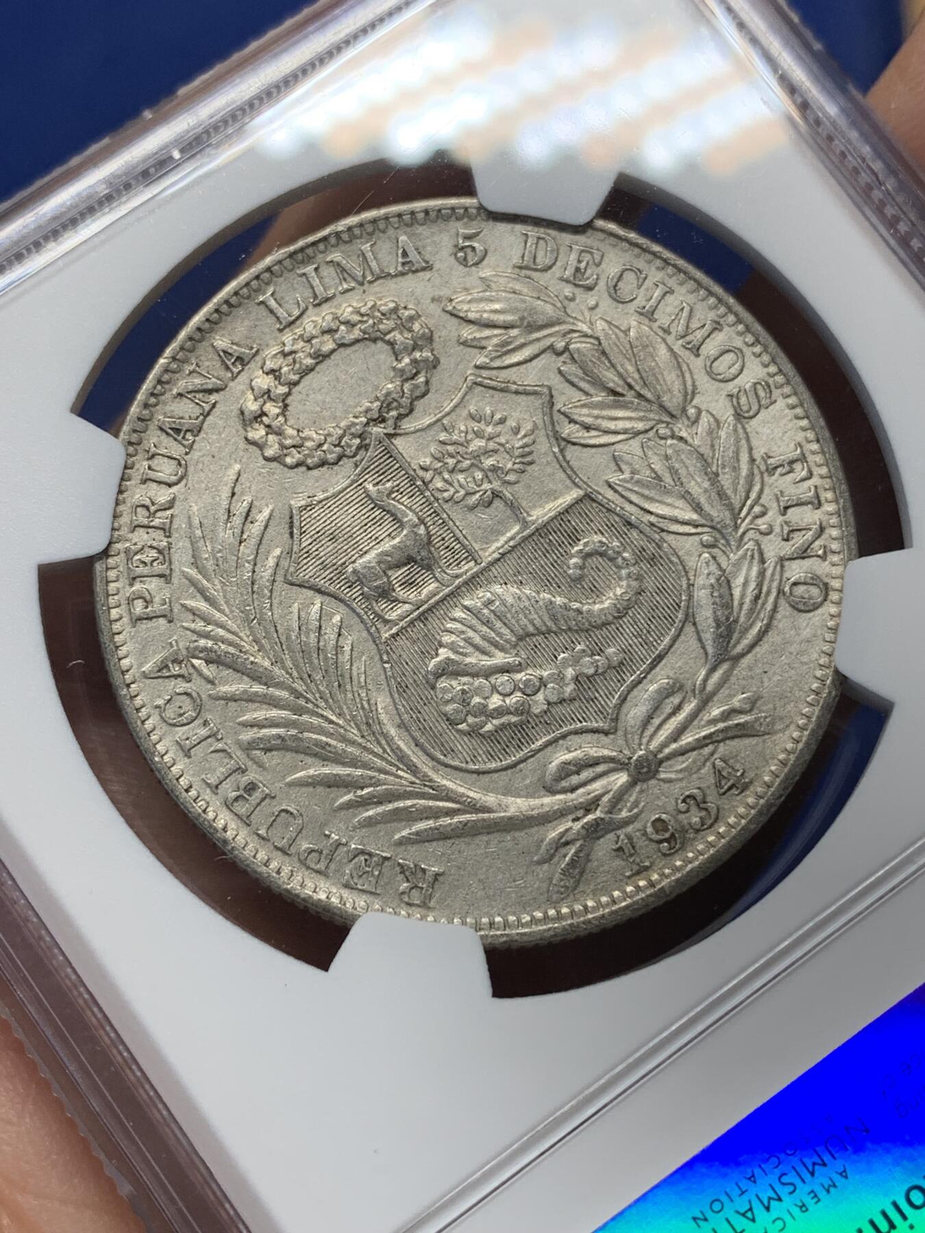 《竞宝斋》第444场 周日，周一，2场连拍 （全场包邮） NGC AU 秘鲁 1934年 1索尔 女神 银币