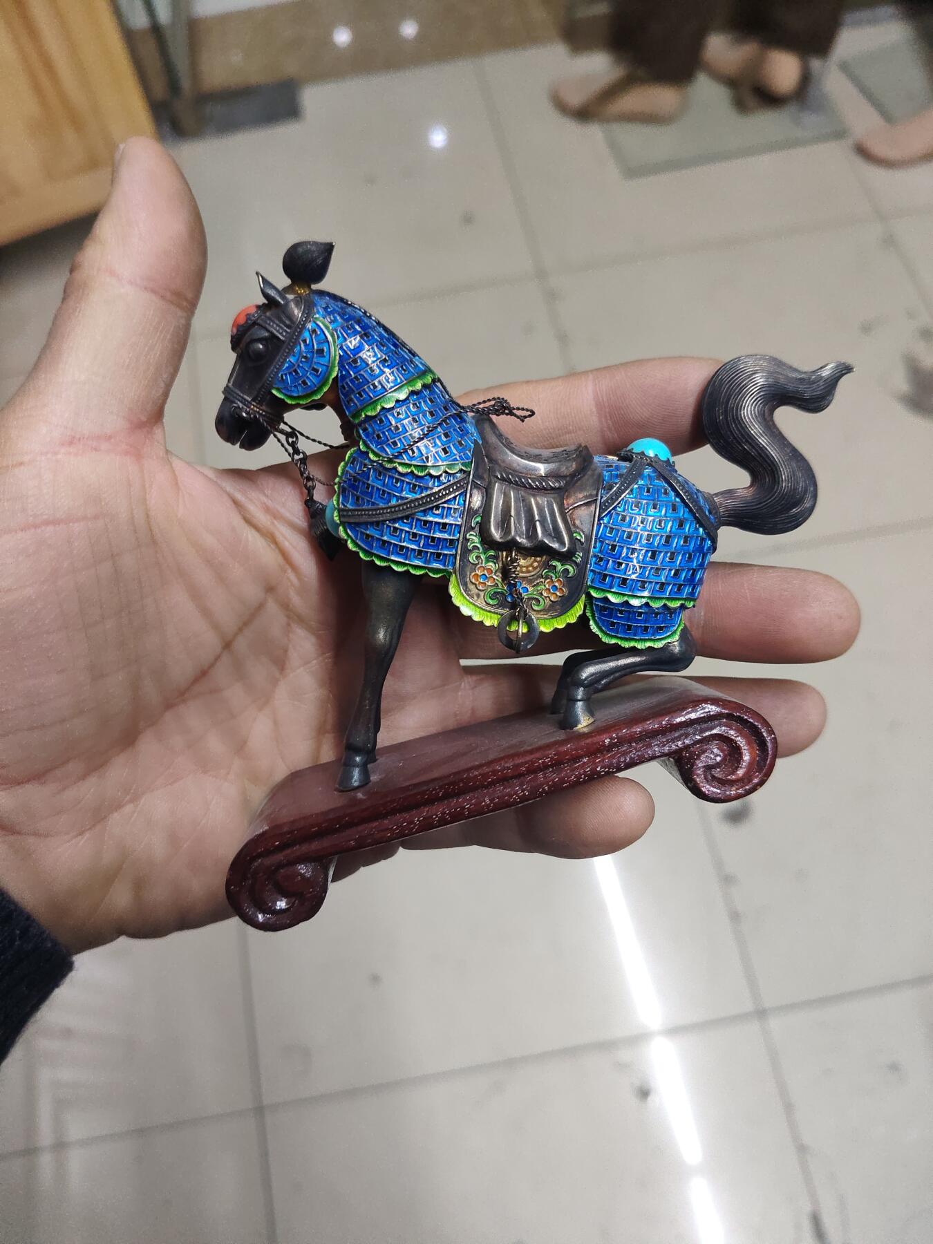 老银件 中国出口创汇银珐琅镶宝银制马