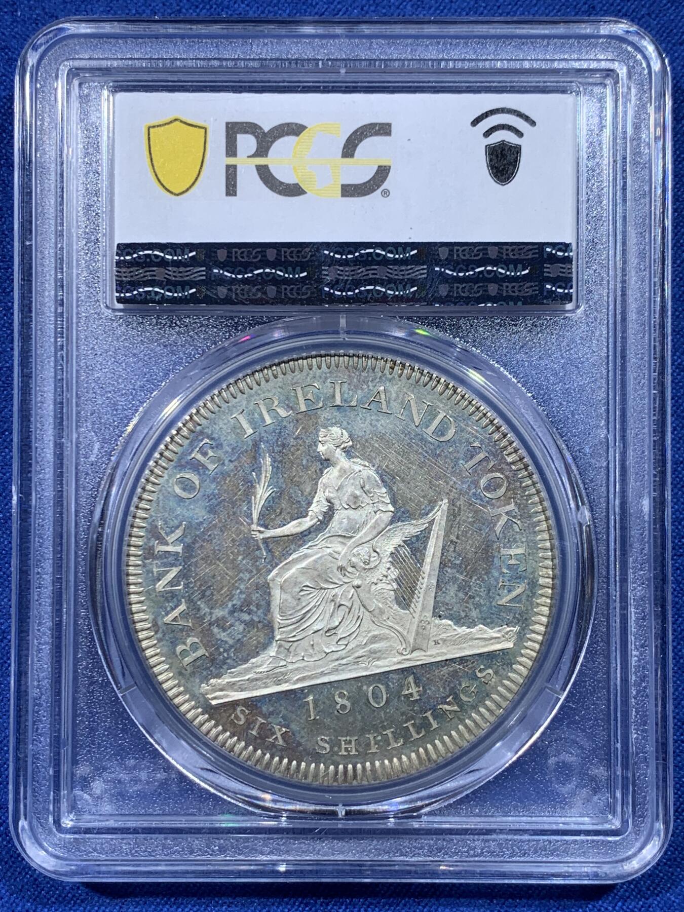 《竞宝斋》第444场 周日，周一，2场连拍 （全场包邮） PCGS PR63CAM 爱尔兰银行1804年乔治三世6先令银币，Cameo镜面底板美不胜收。