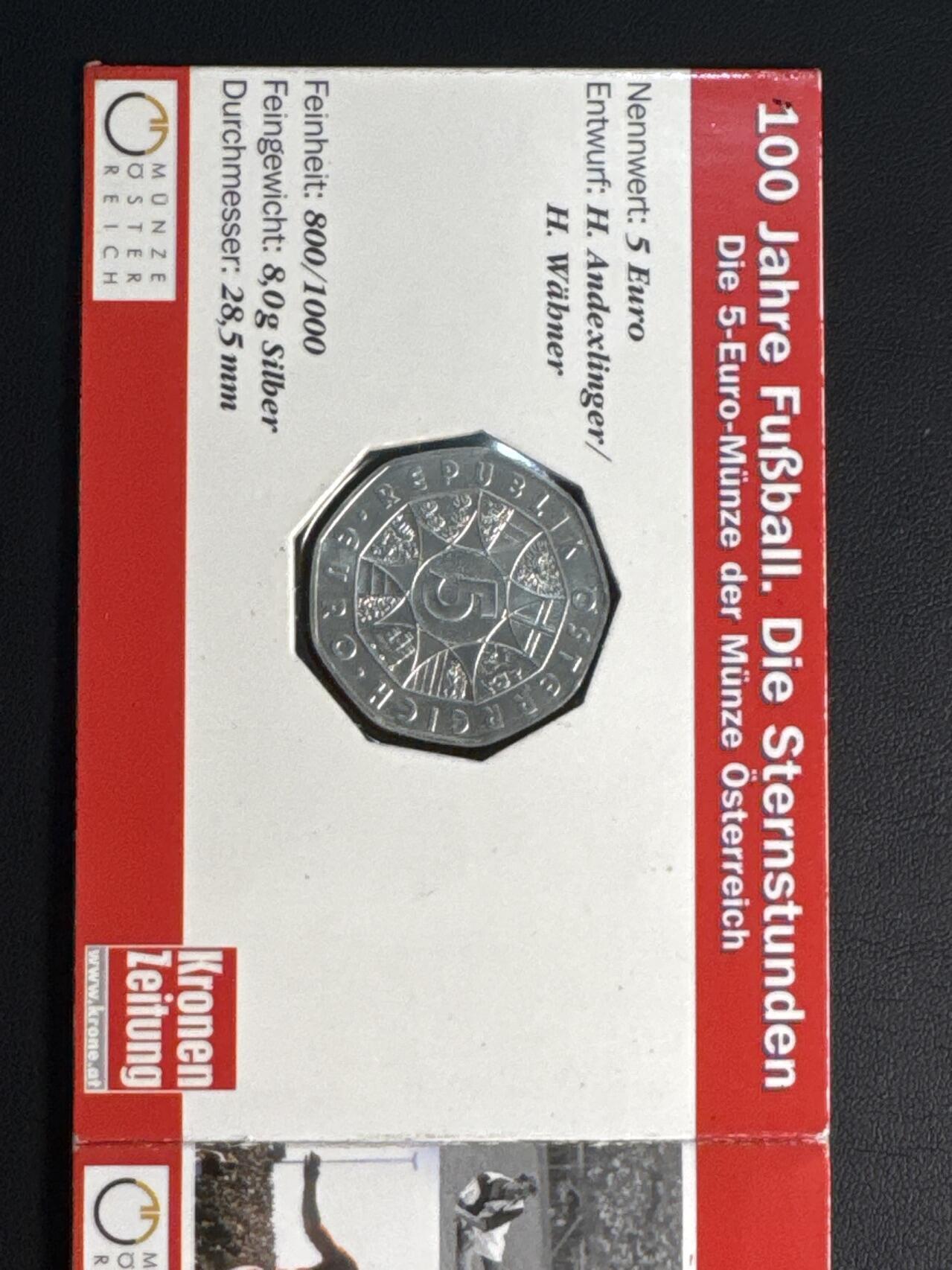 ❤️【币观天下】❤️ 第333期钱币拍卖- 2025.12.5周五晚上6点半场-长期征集拍品 原厂卡折奥地利2004年现代足球运动100周年纪念银币800银10克直径28.5毫米