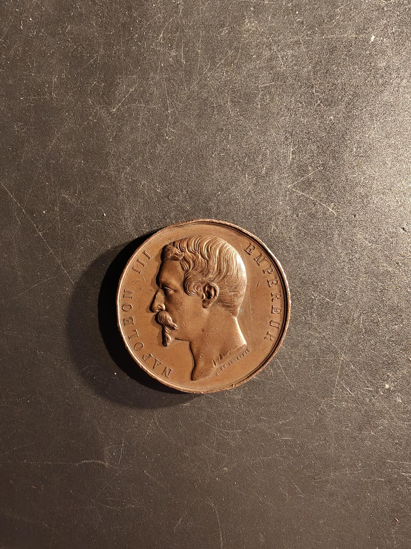 老王徽章第167期 法国拿破仑三世巴约讷艺术协会大铜章     蜜蜂cuivre铜标     直径41mm.    重量35g