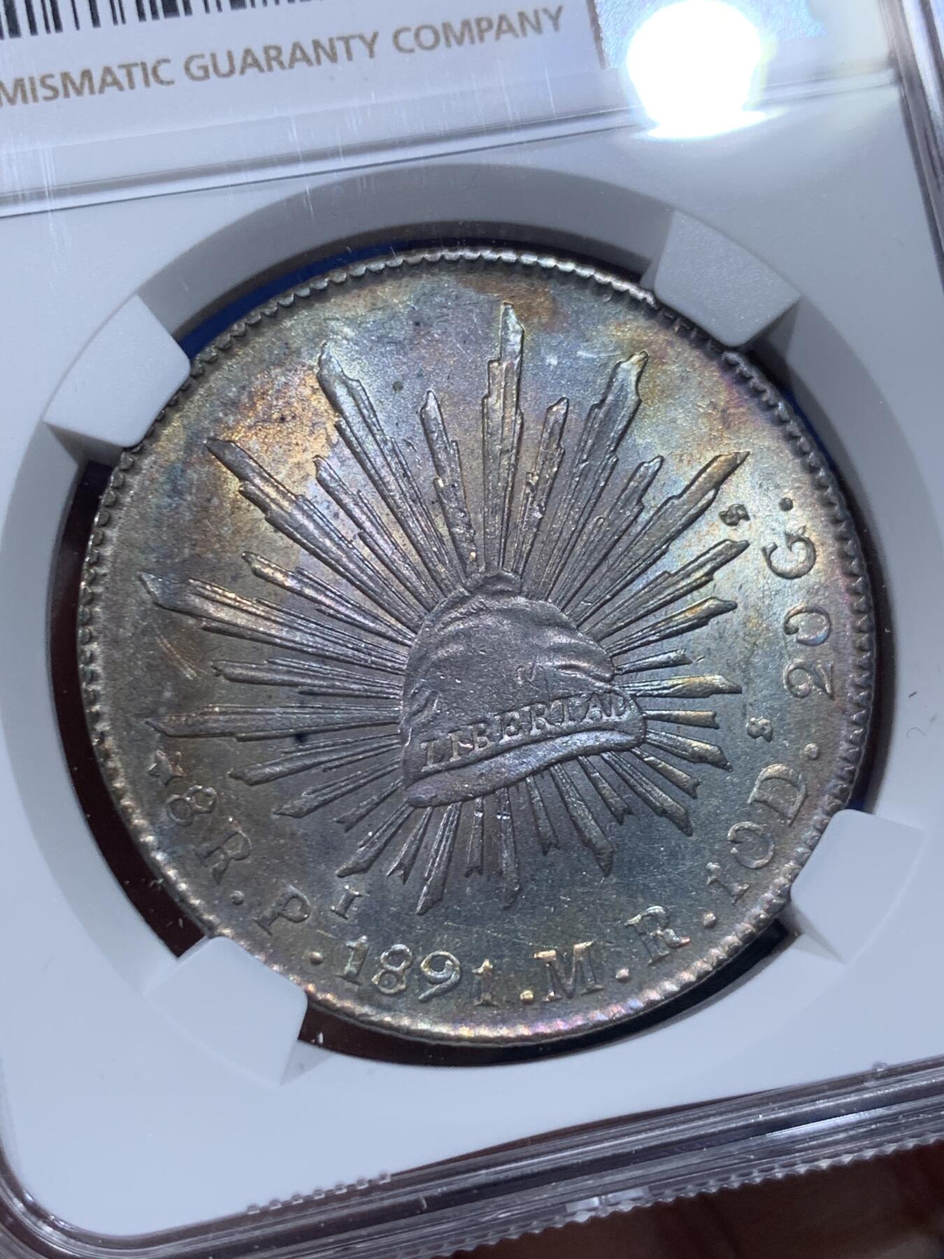 《竞宝斋》第444场 周日，周一，2场连拍 （全场包邮） NGC UNCD 墨西哥 1891年 花边鹰洋 8里亚尔大银币 状态不错