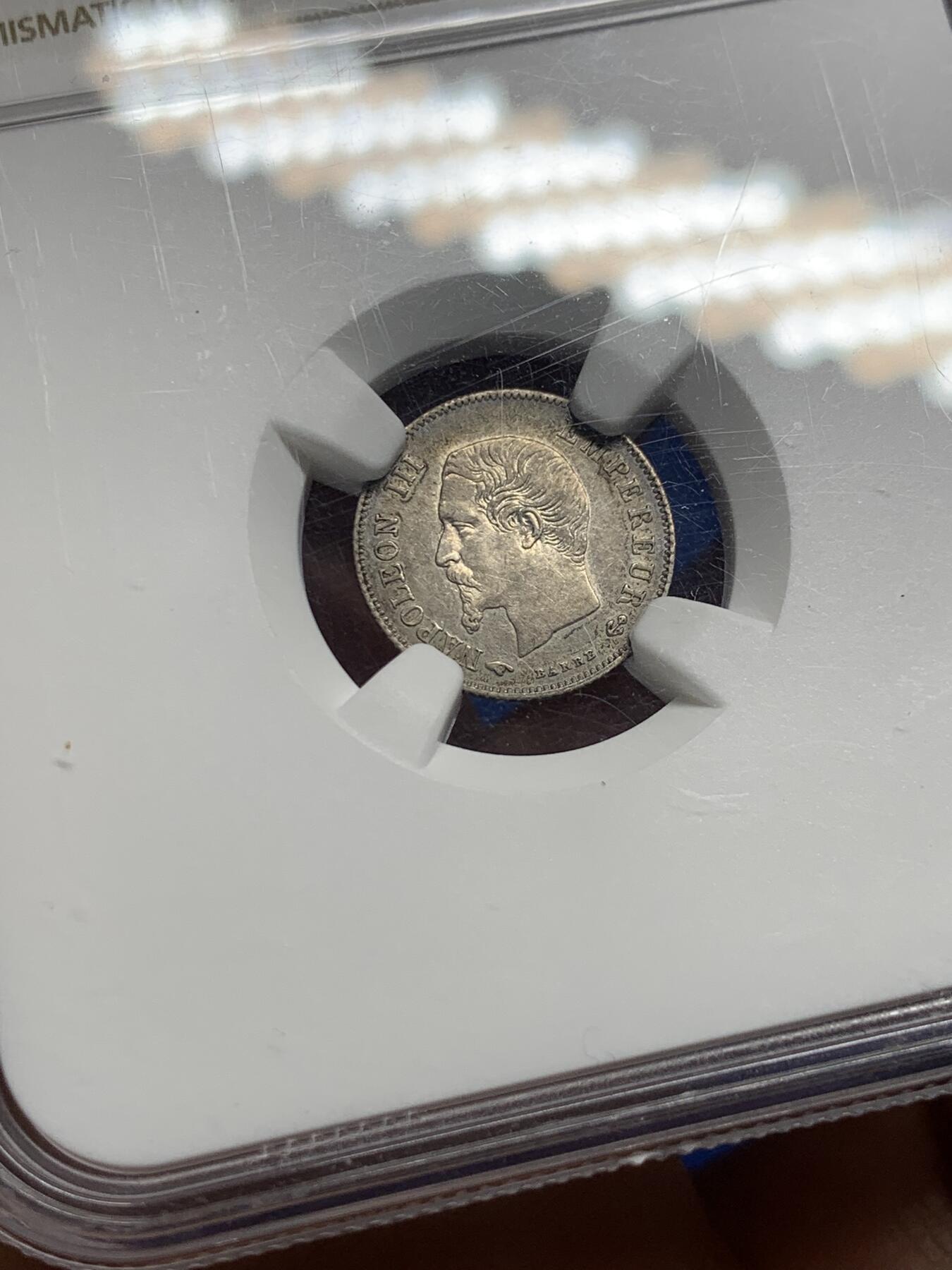 《竞宝斋》第444场 周日，周一，2场连拍 （全场包邮） NGC UNC 法国1860年拿破仑三世20分银币，好品小币种。