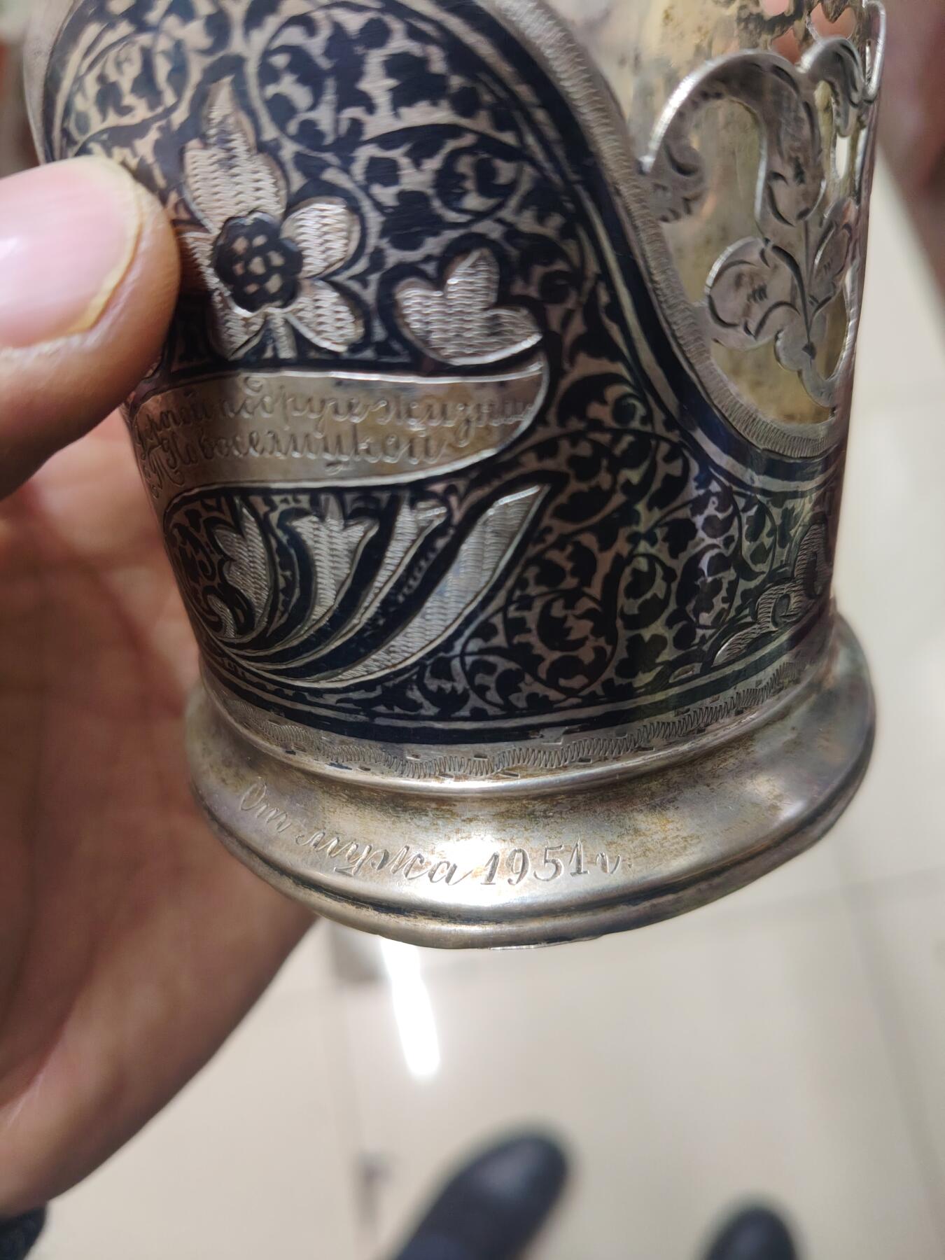 老银件 苏联镶嵌乌银工艺老银制杯托