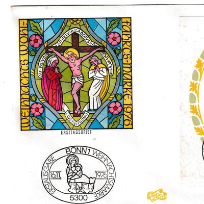 【良泉】【2025年最后一场】12月18日晚19.30点开拍！188组【直播场】西方古代钱币、丝路杂项、印章！ - 【圣诞快乐！】1976年【德国】圣诞纪念首日封，图案为耶稣受难的彩色玻璃风格图像