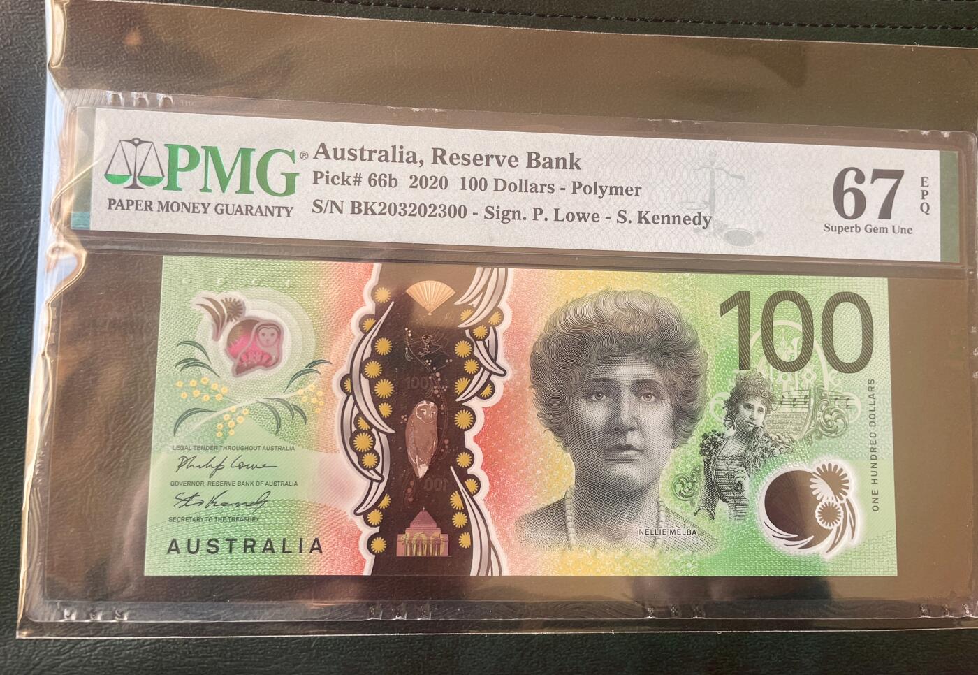PMG67EPQ 澳大利亚纸币 澳大利亚100元  无47靓号 数三小号 