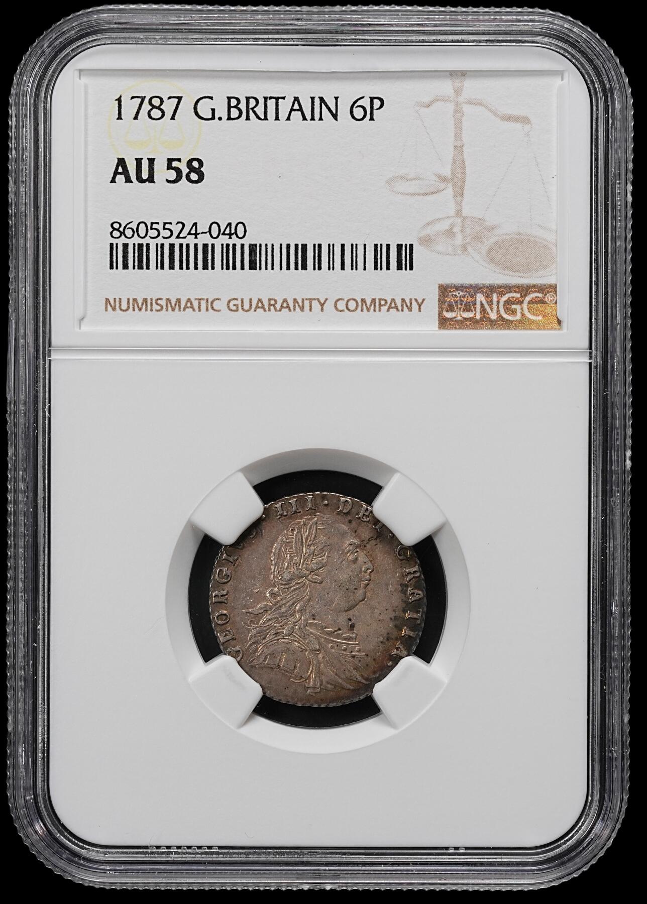 修遠堂世界钱币第九十六期 NGC AU58 1787年英国6便士银币