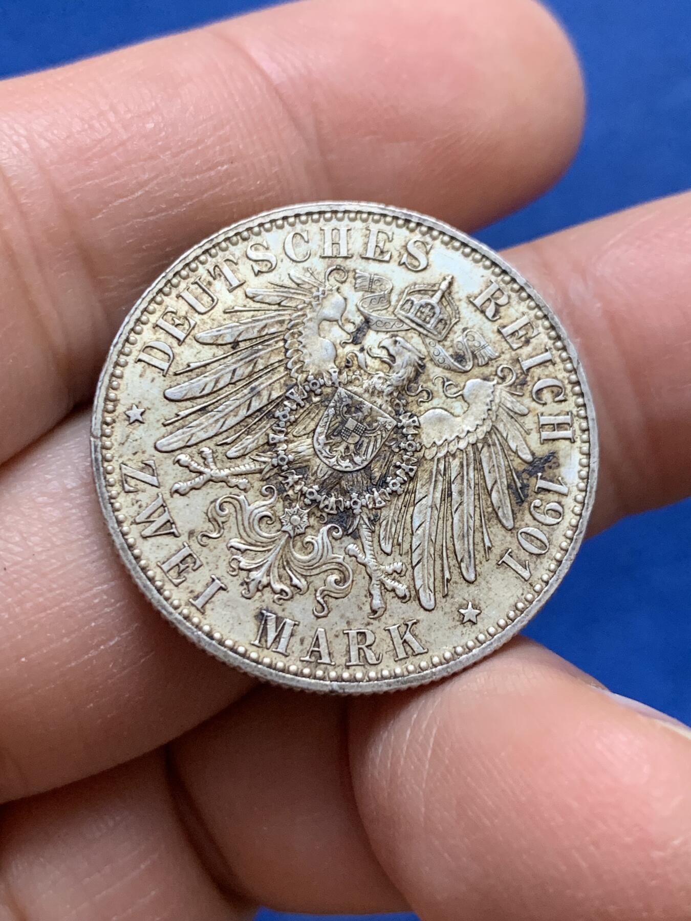 《竞宝斋》第444场 周日，周一，2场连拍 （全场包邮） 德国1901年普鲁士建国纪念2马克银币